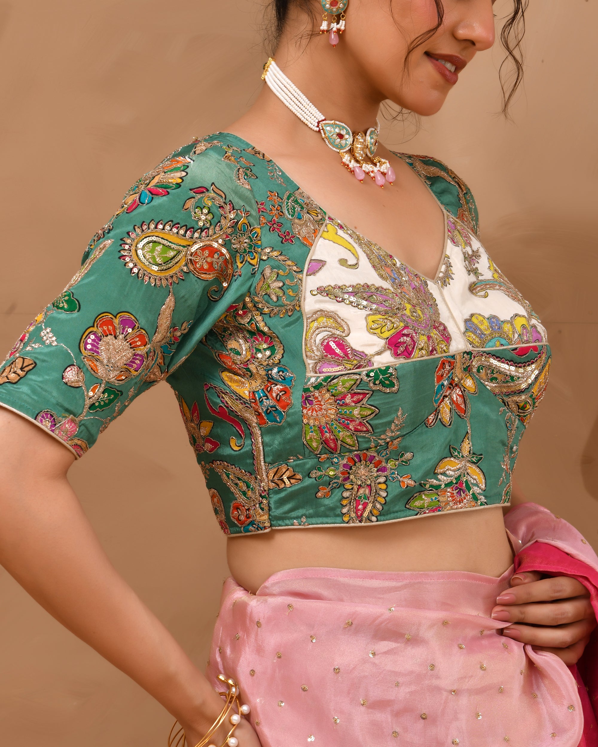 Green  Pure Crepe Position Print Aangi Style Blouse