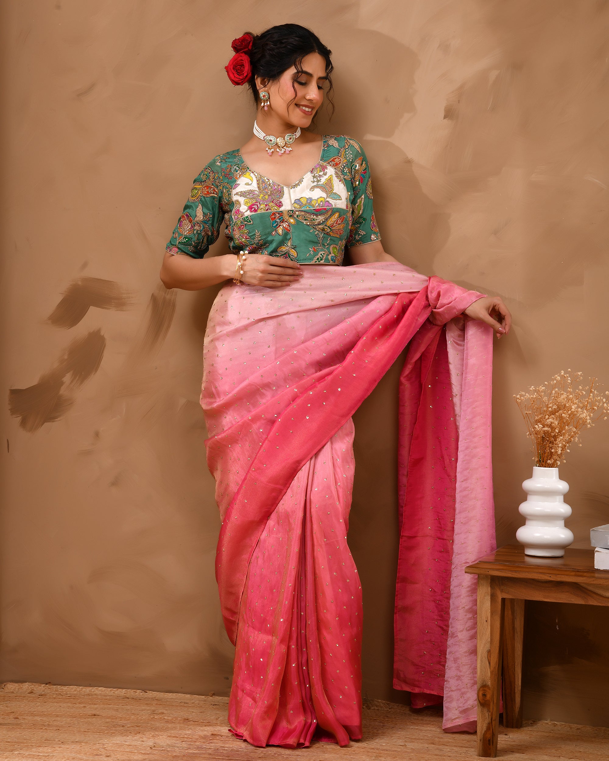 Green  Pure Crepe Position Print Aangi Style Blouse