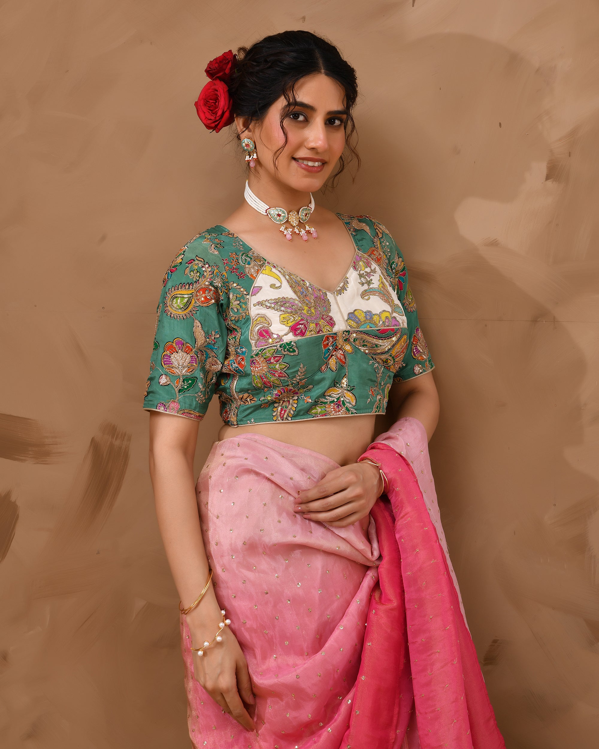 Green  Pure Crepe Position Print Aangi Style Blouse