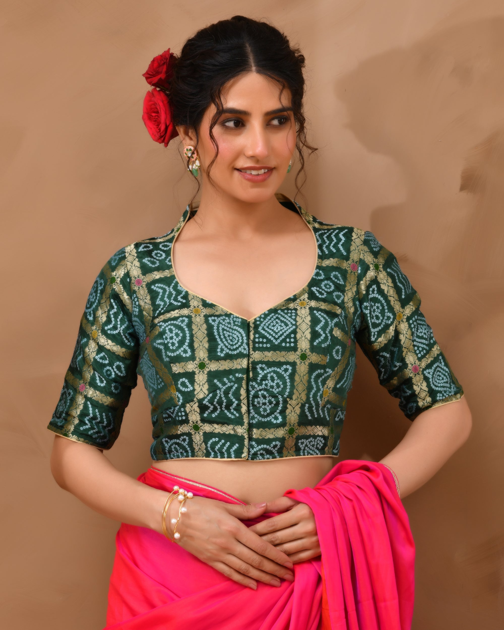 Bottle Green Woven Gharchola collar neck blouse