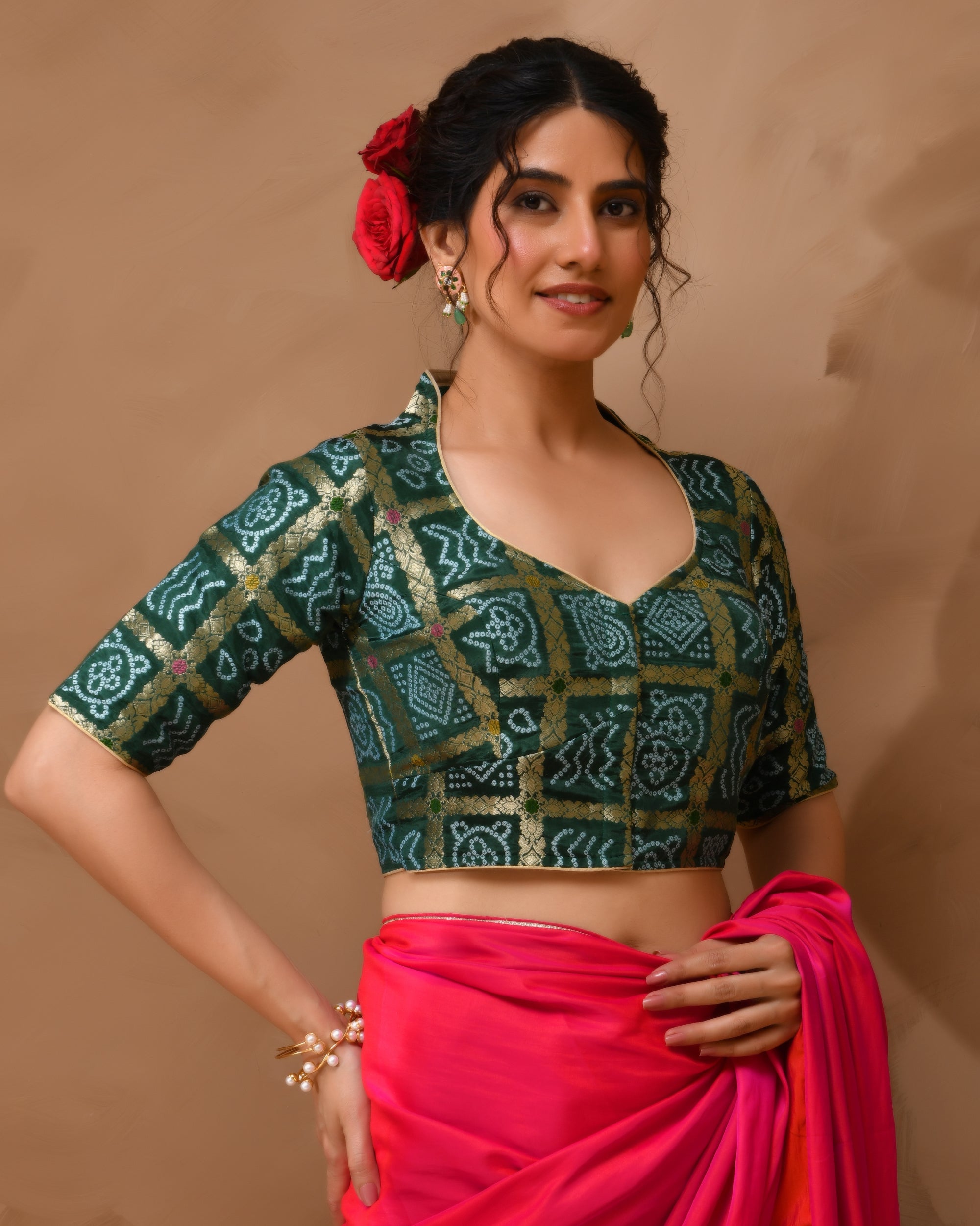 Bottle Green Woven Gharchola collar neck blouse