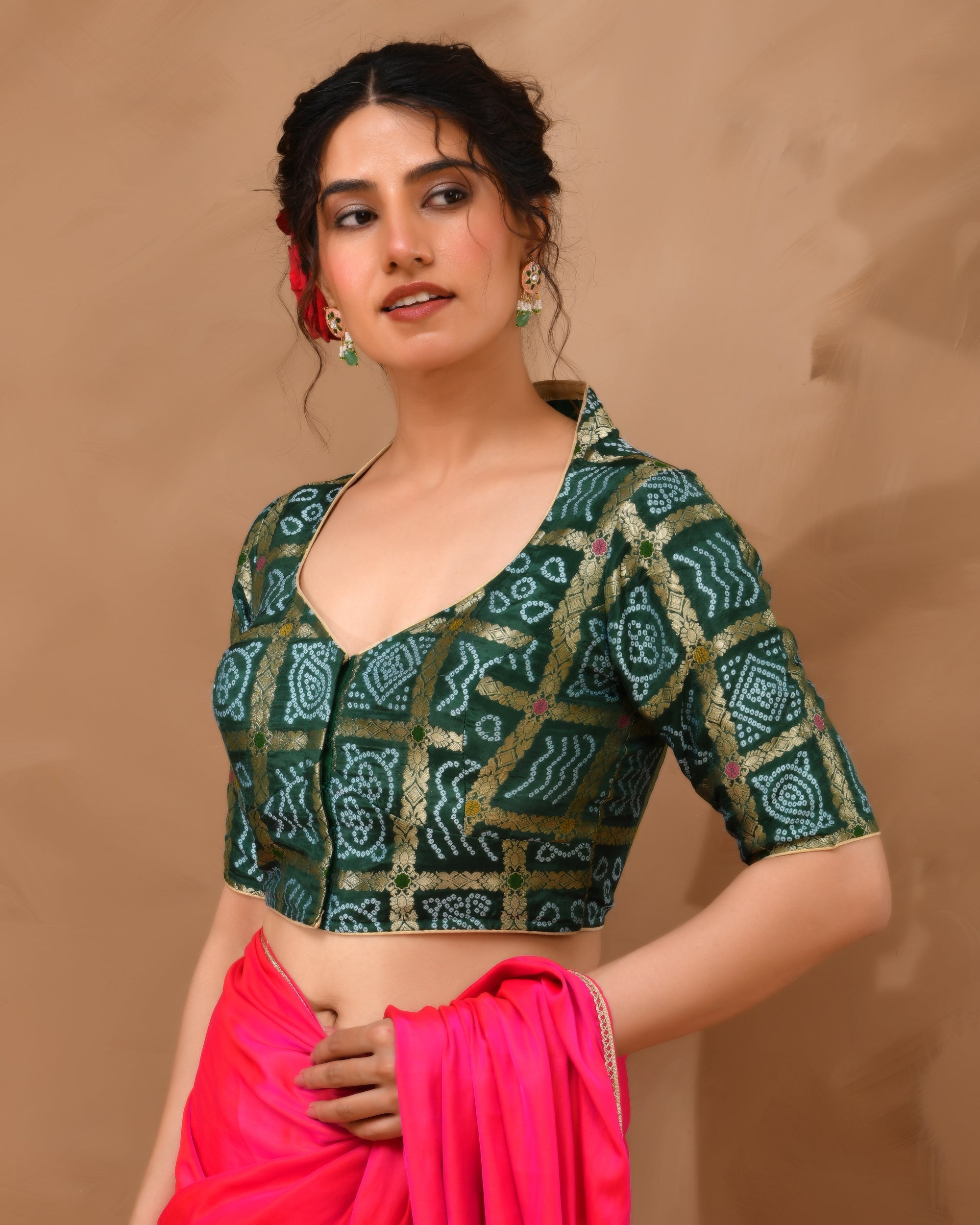 Bottle Green Woven Gharchola collar neck blouse