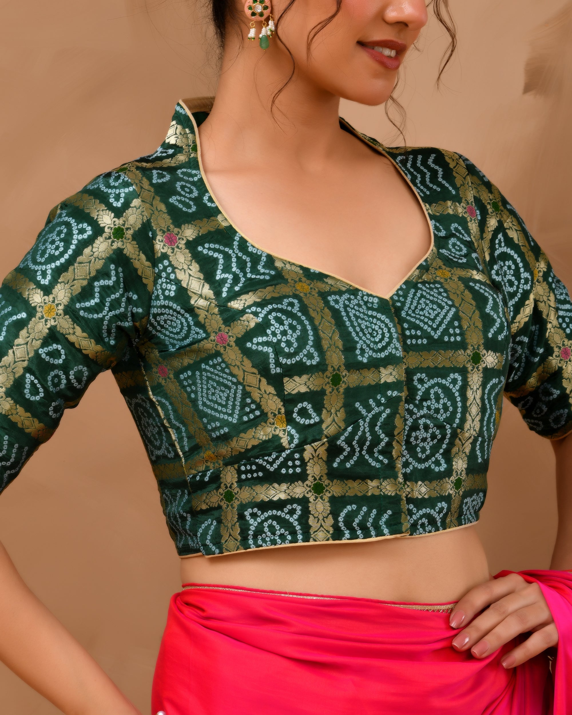 Bottle Green Woven Gharchola collar neck blouse