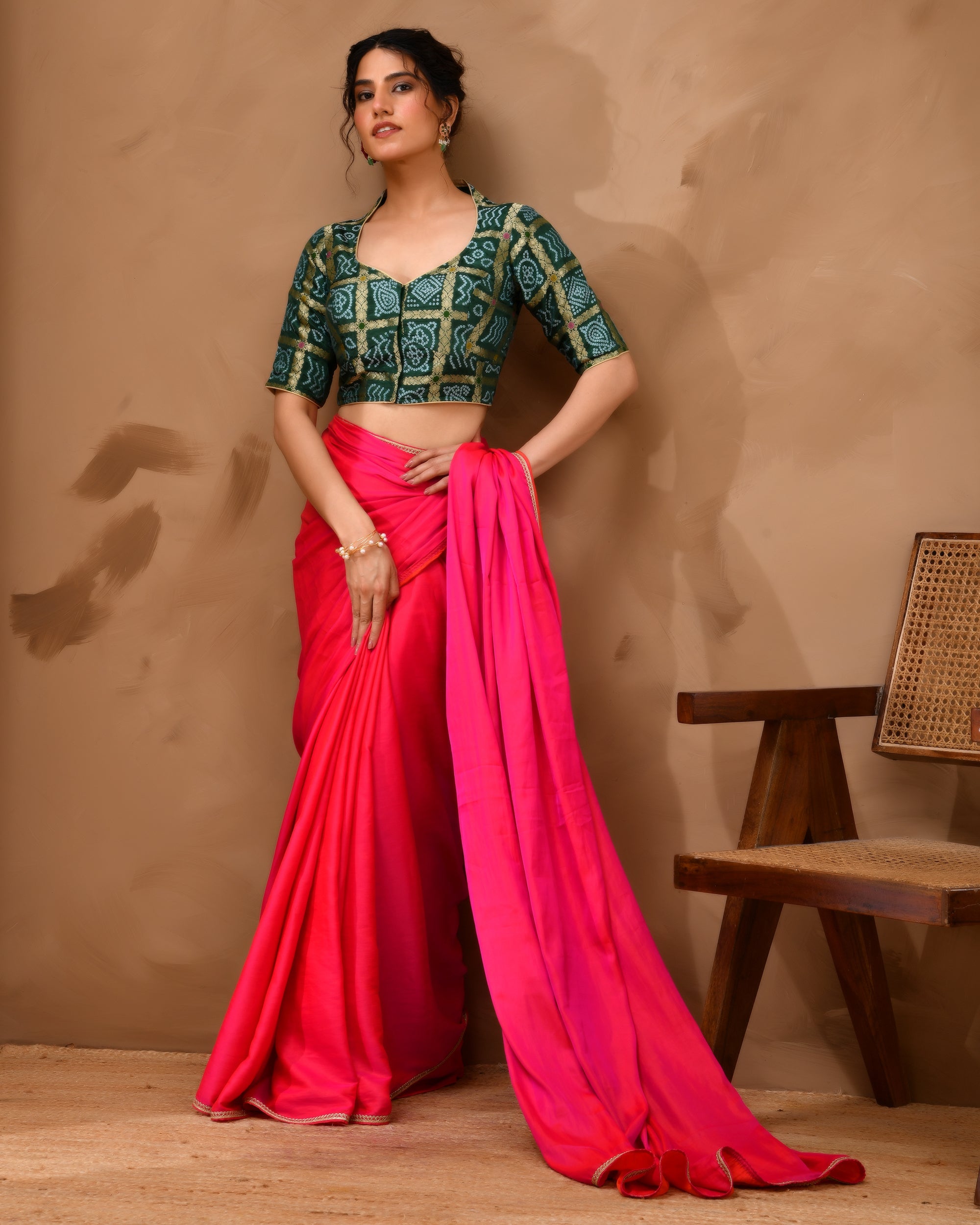 Bottle Green Woven Gharchola collar neck blouse