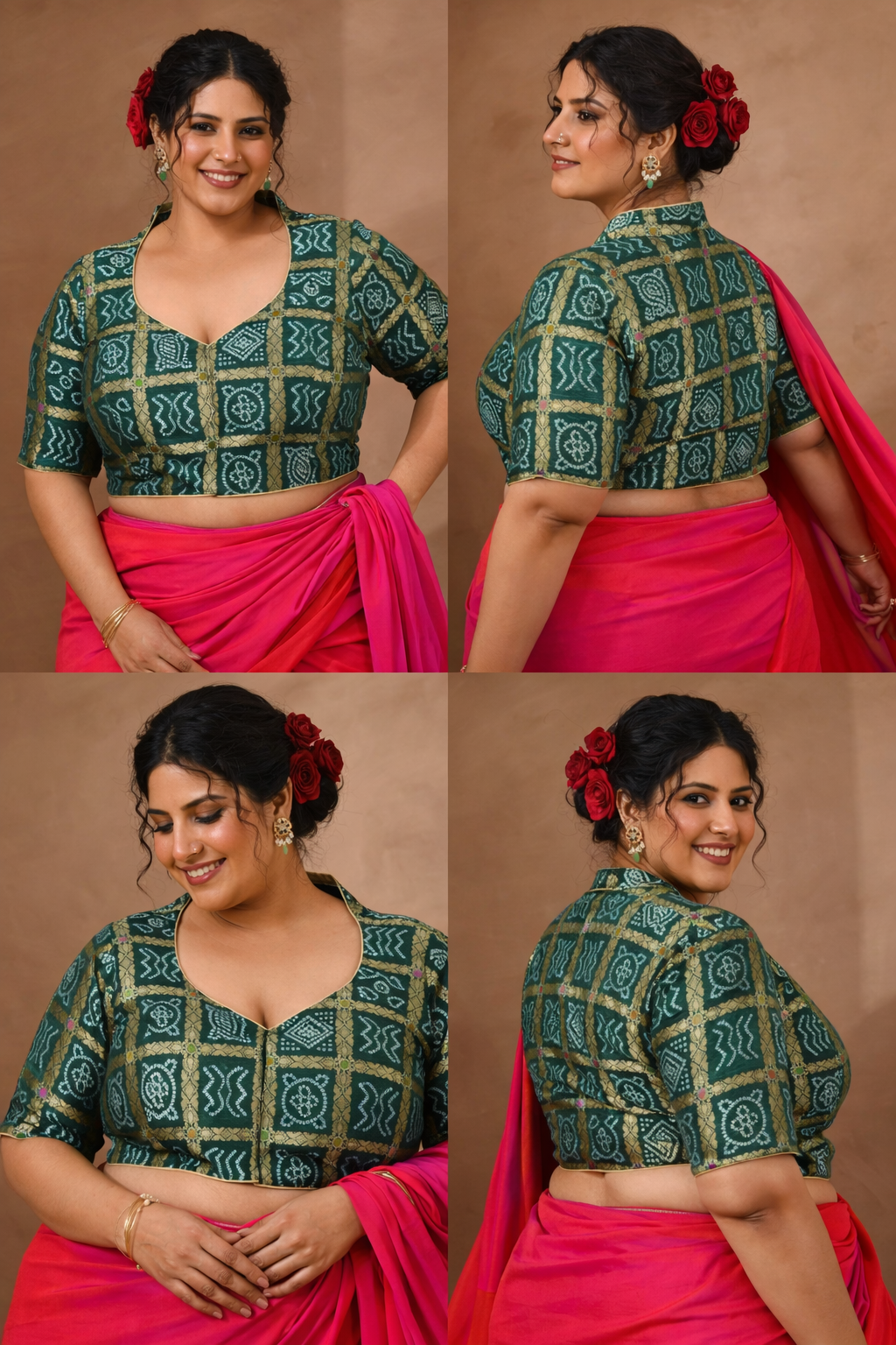 Bottle Green Woven Gharchola collar neck blouse