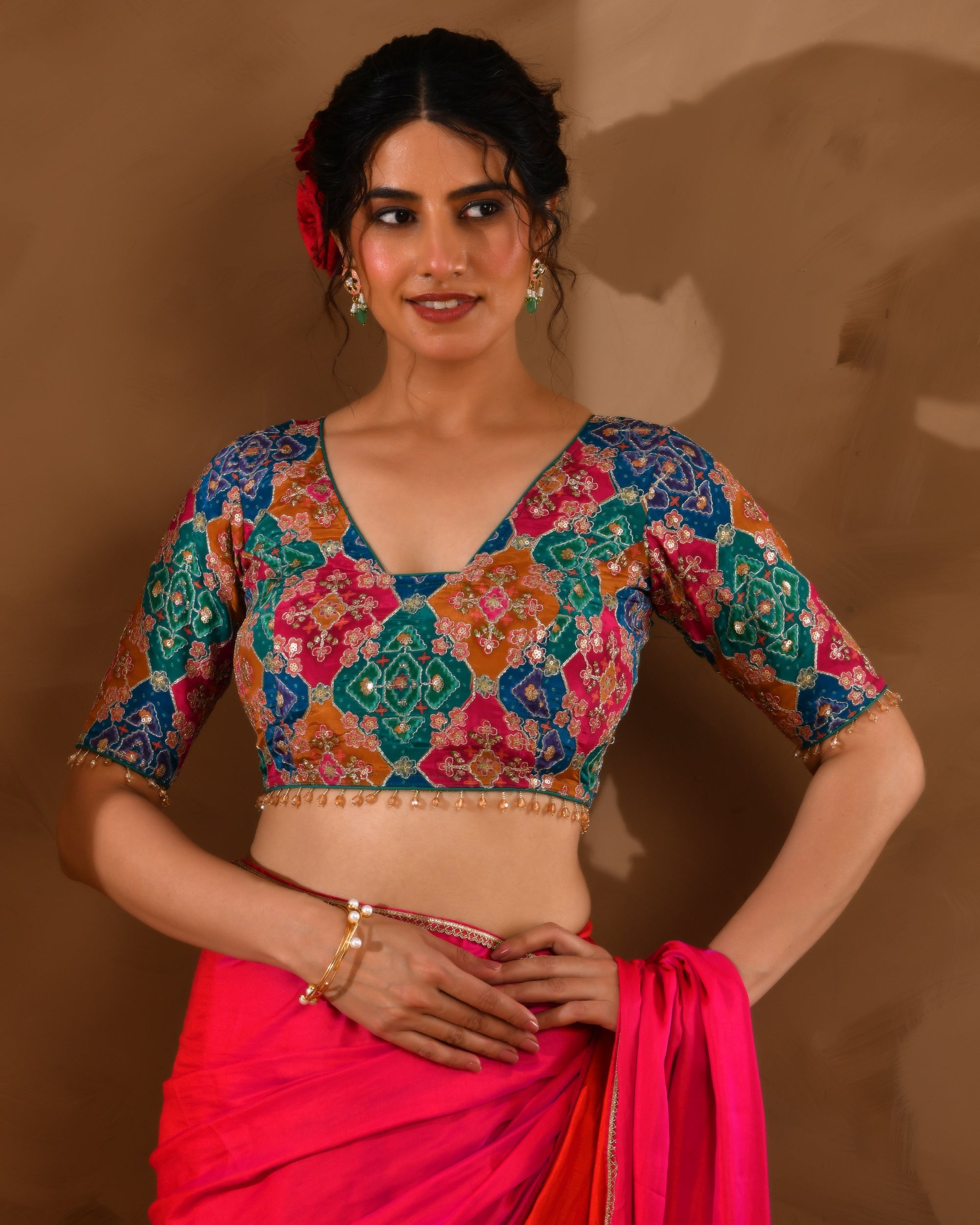 Multicolored Zari Embroidered Glass Neck Blouse With Sleeves