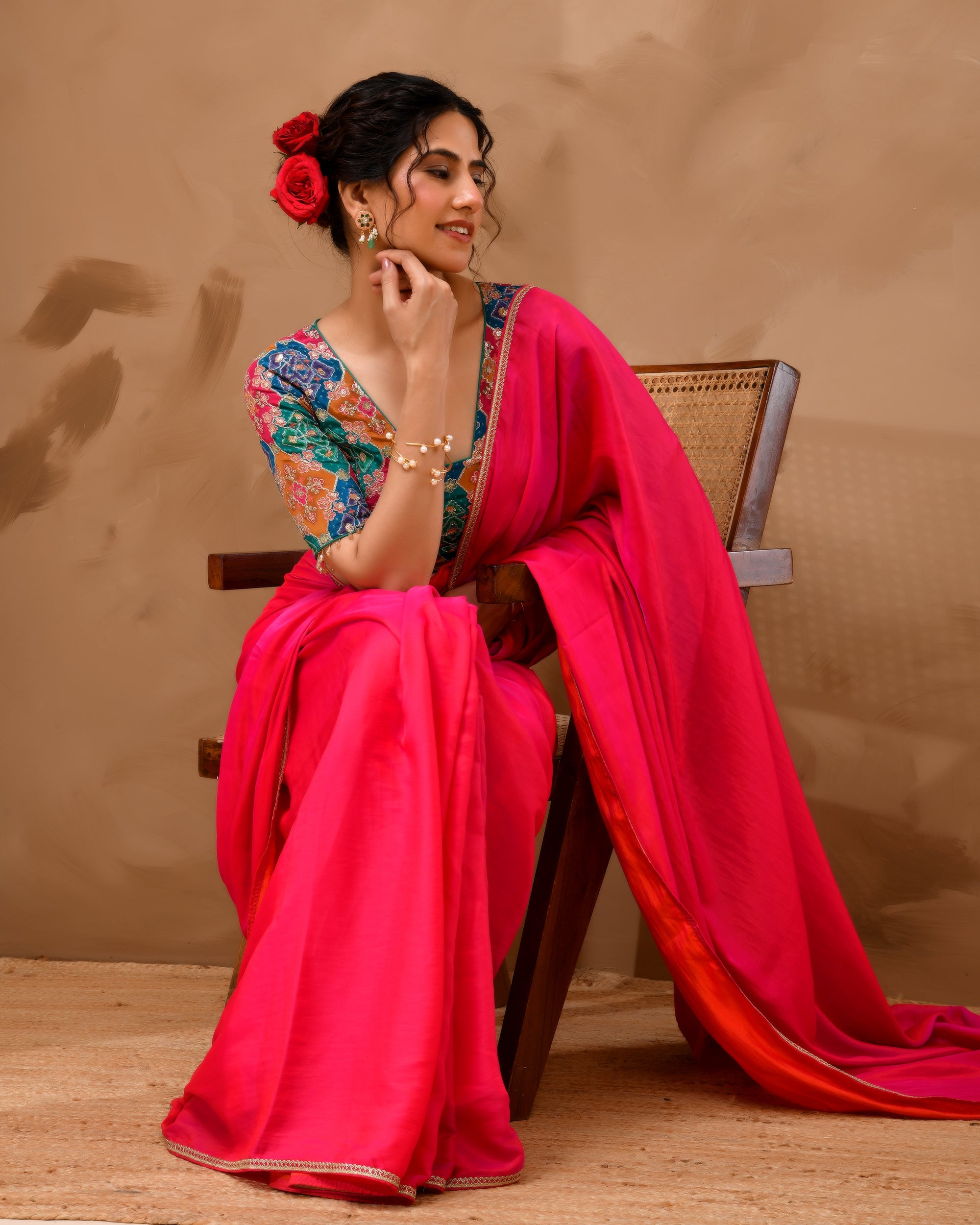 Multicolored Zari Embroidered Glass Neck Blouse With Sleeves