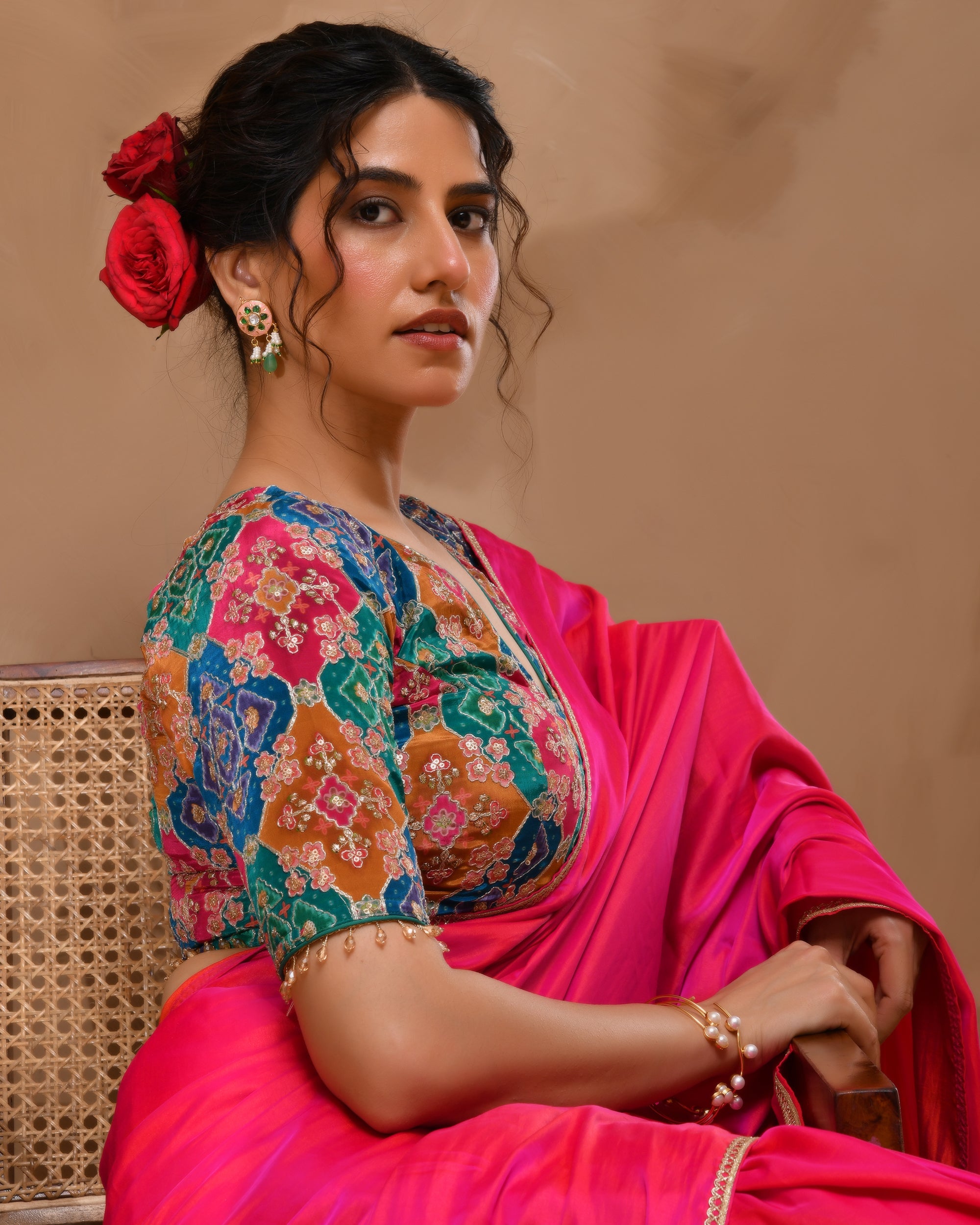 Multicolored Zari Embroidered Glass Neck Blouse With Sleeves