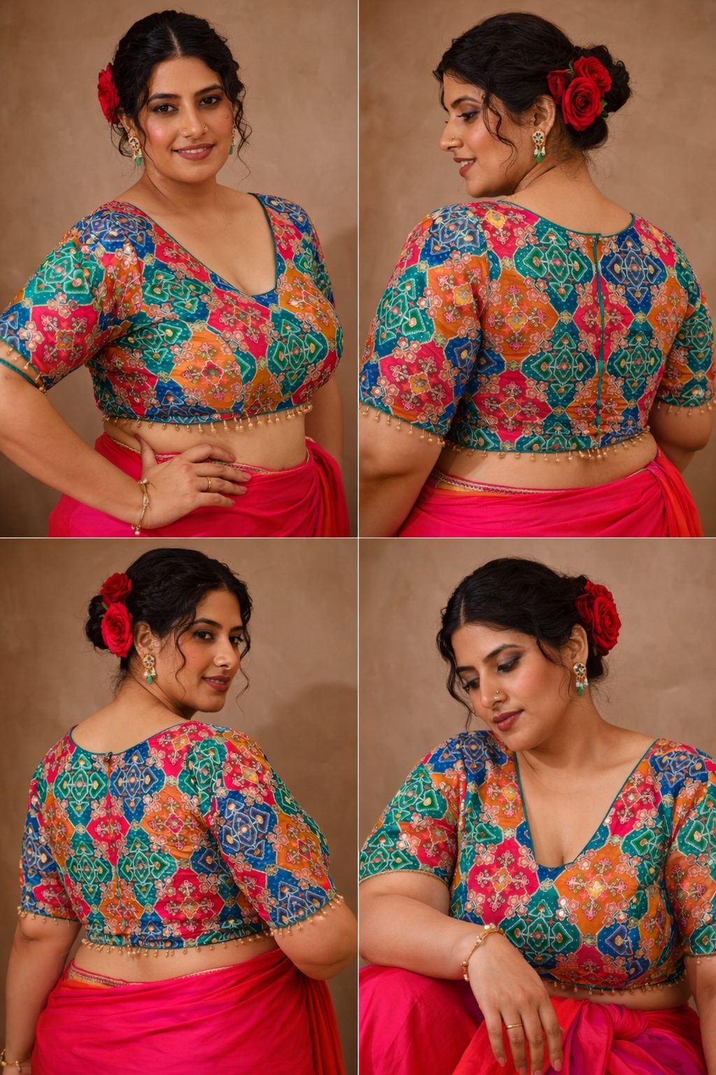 Multicolored Zari Embroidered Glass Neck Blouse With Sleeves