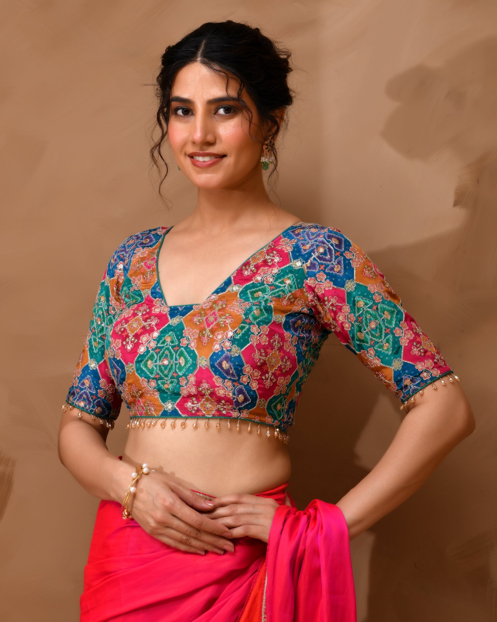 Multicolored Zari Embroidered Glass Neck Blouse With Sleeves