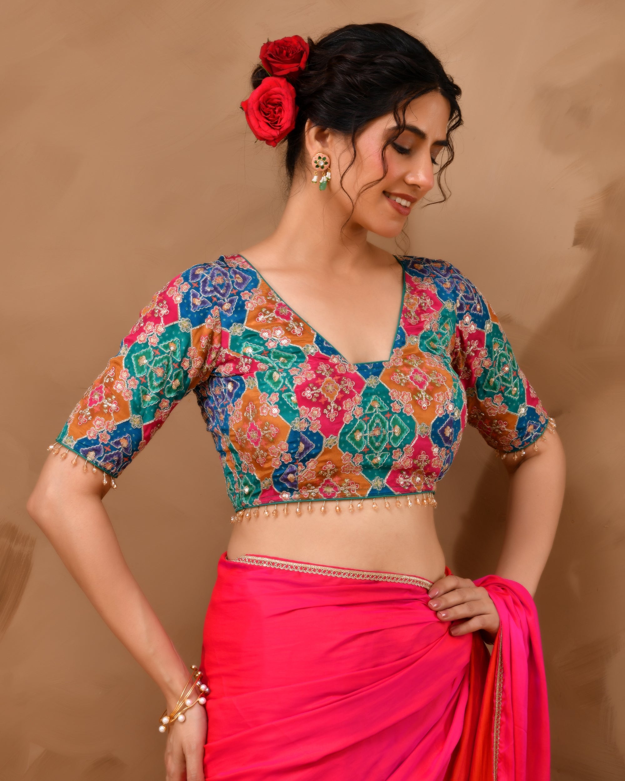 Multicolored Zari Embroidered Glass Neck Blouse With Sleeves