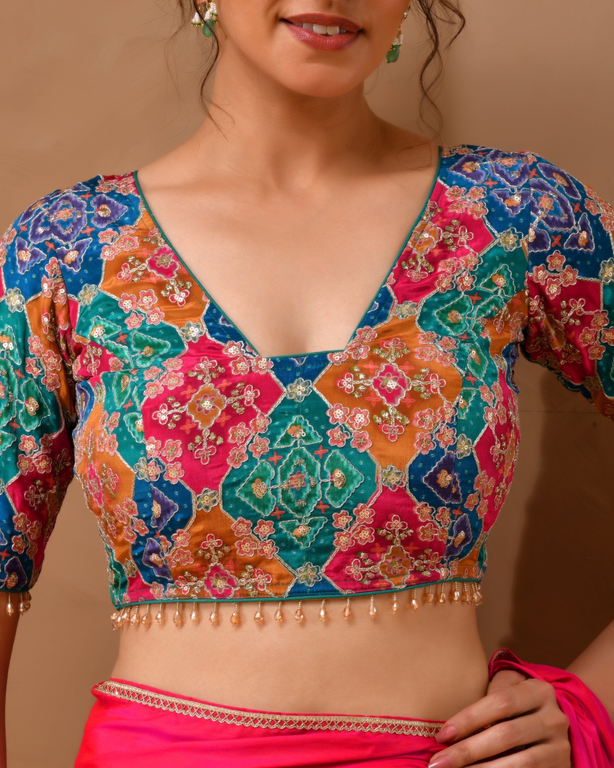 Multicolored Zari Embroidered Glass Neck Blouse With Sleeves