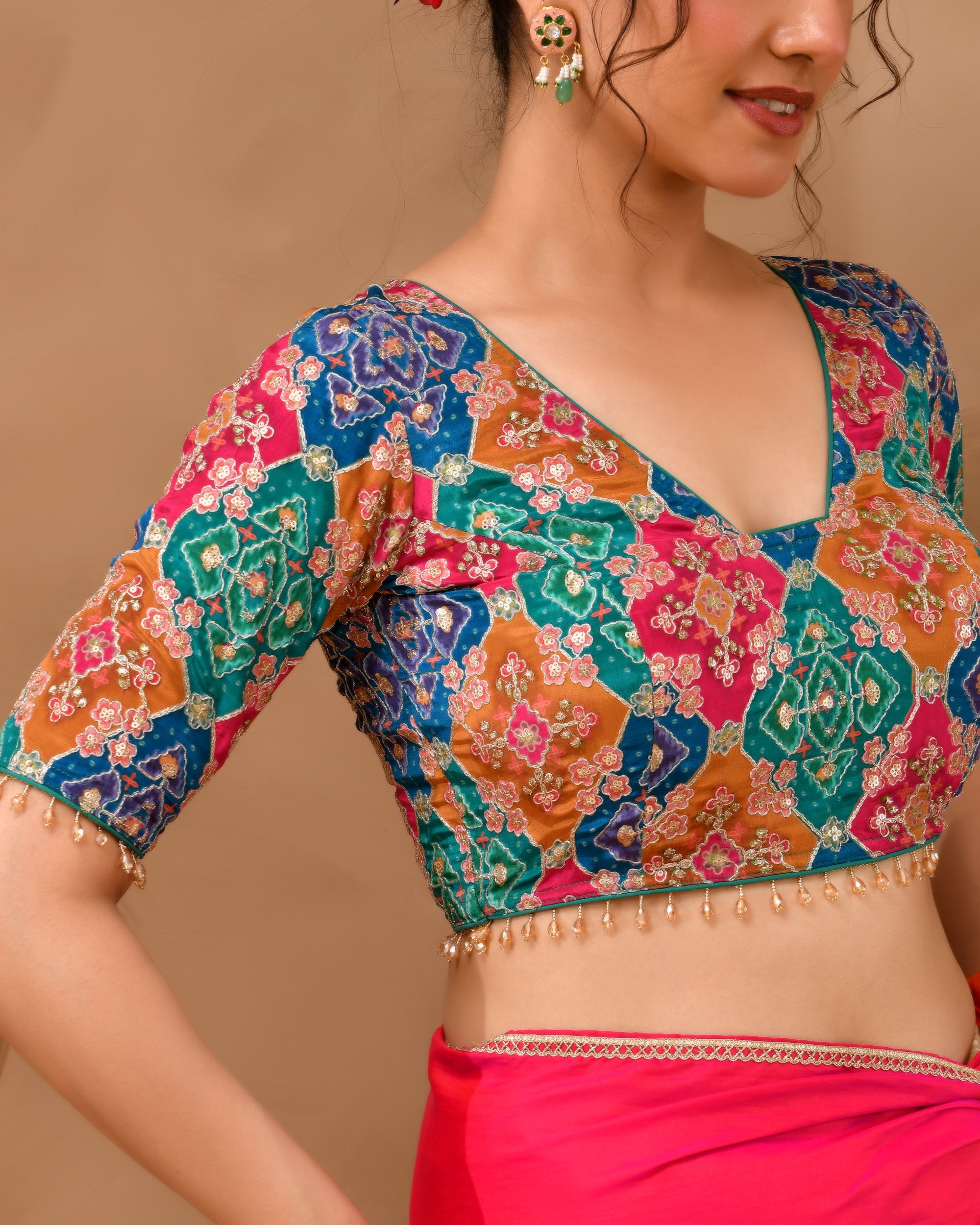 Multicolored Zari Embroidered Glass Neck Blouse With Sleeves