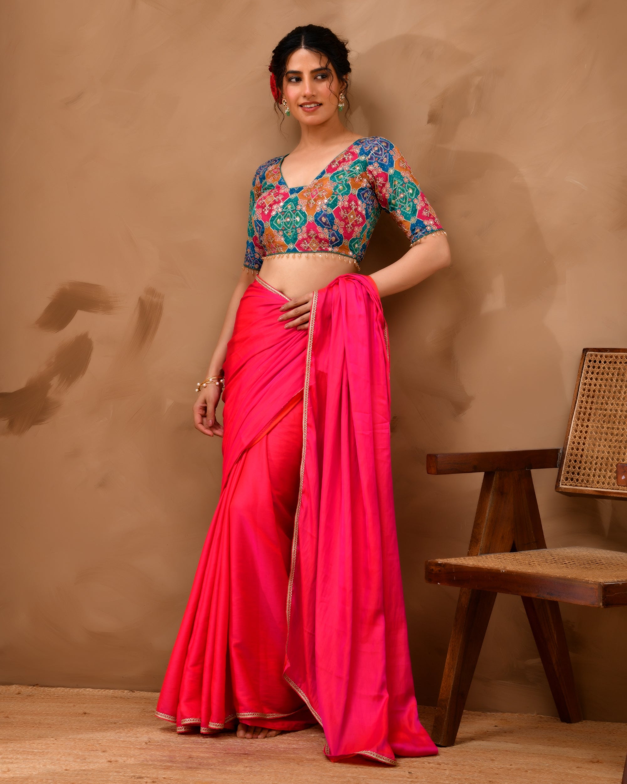 Multicolored Zari Embroidered Glass Neck Blouse With Sleeves