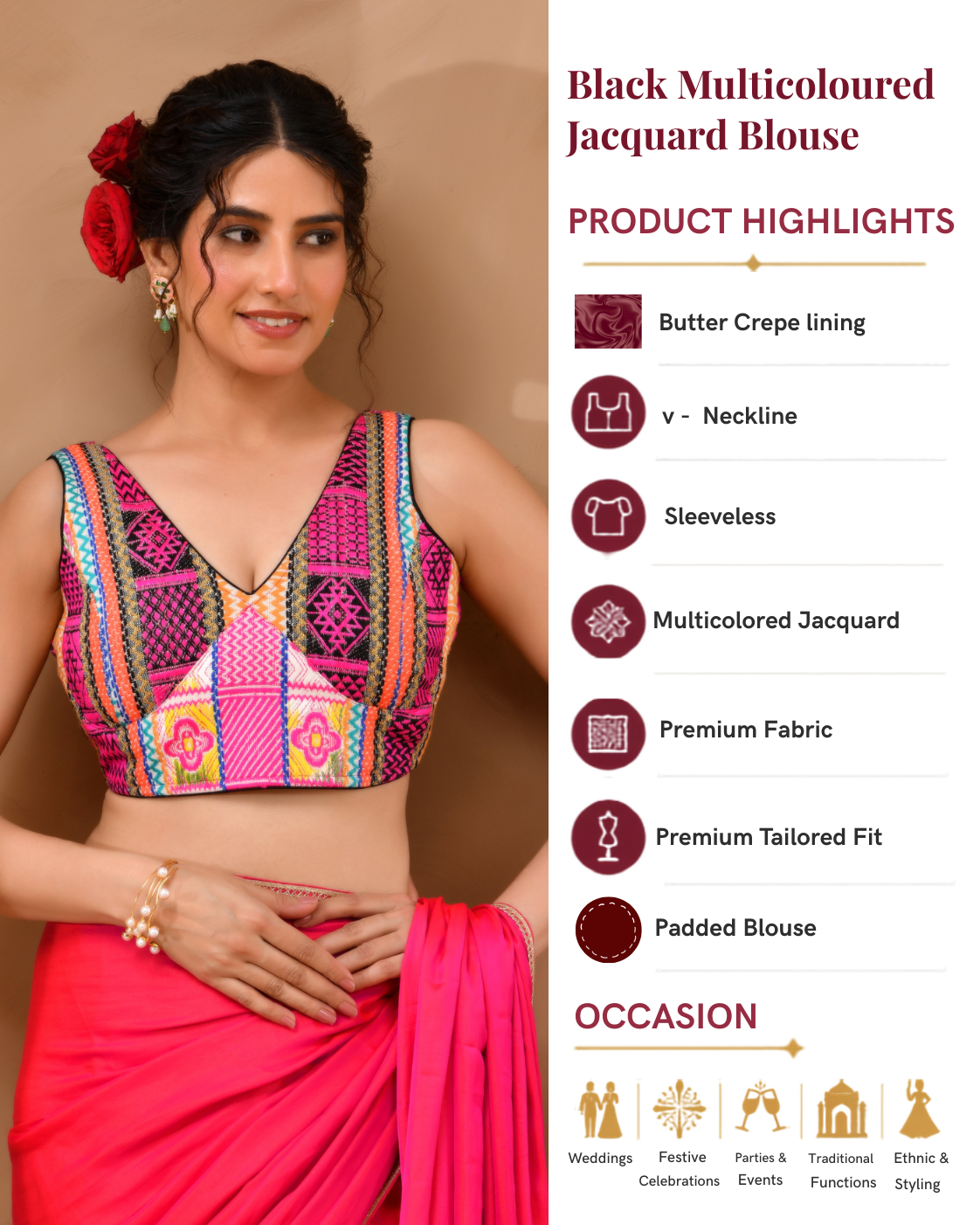 Black Multicoloured V Neck Jacquard Blouse