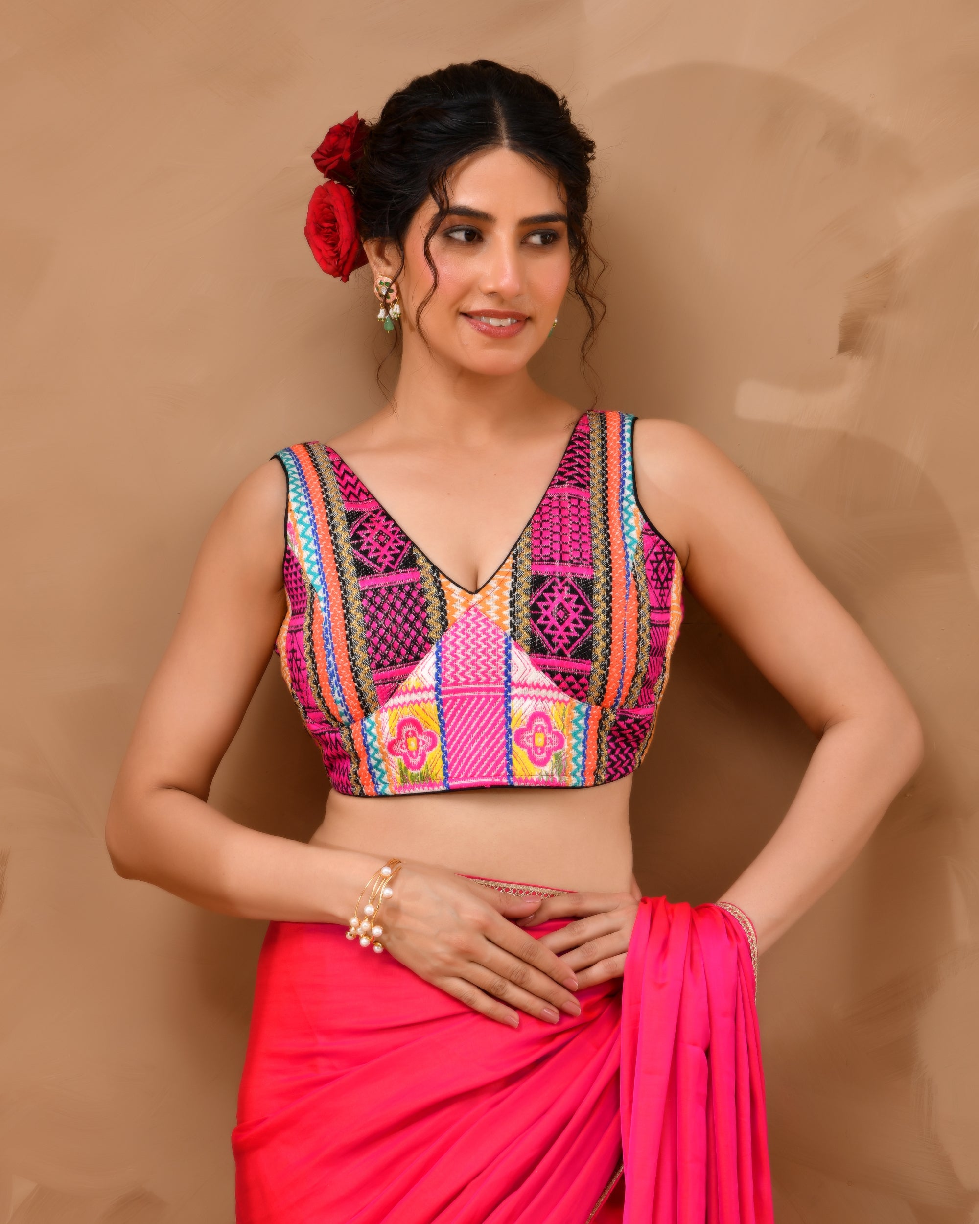 Black Multicoloured V Neck Jacquard Blouse