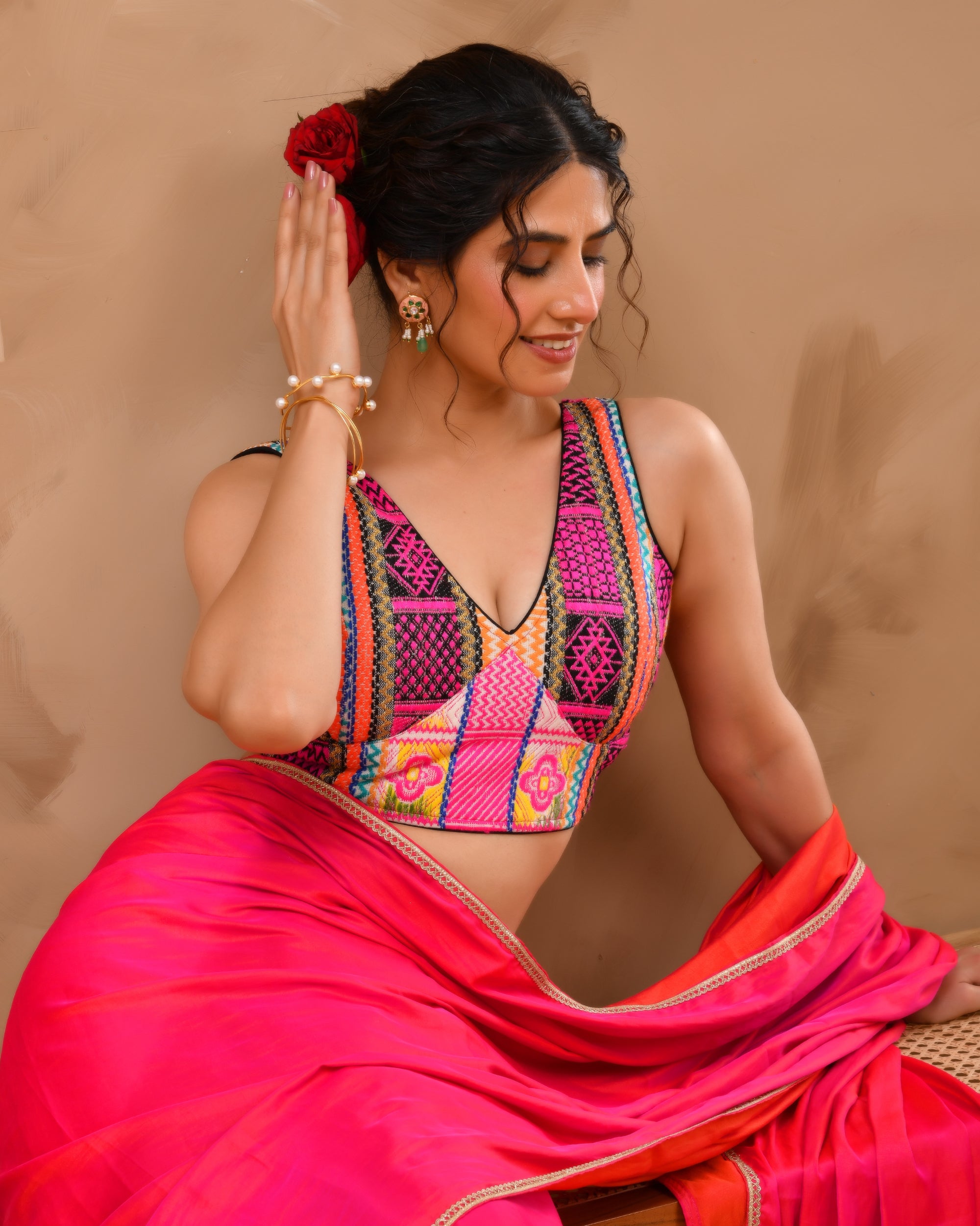 Black Multicoloured V Neck Jacquard Blouse