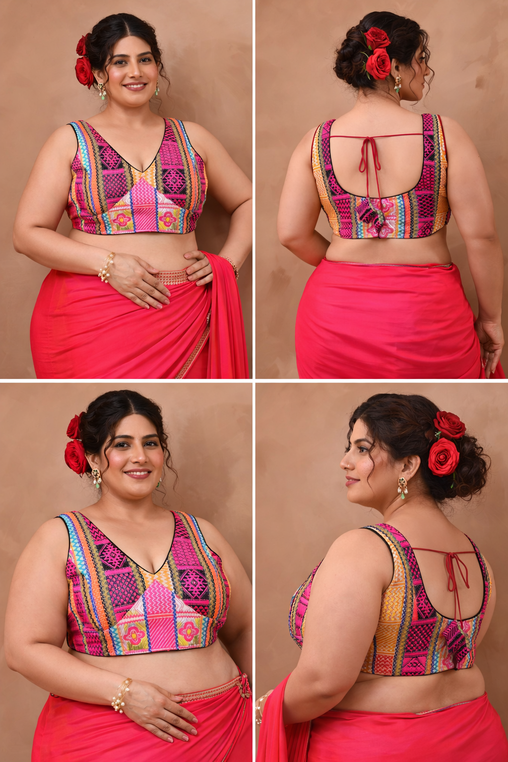 Black Multicoloured V Neck Jacquard Blouse