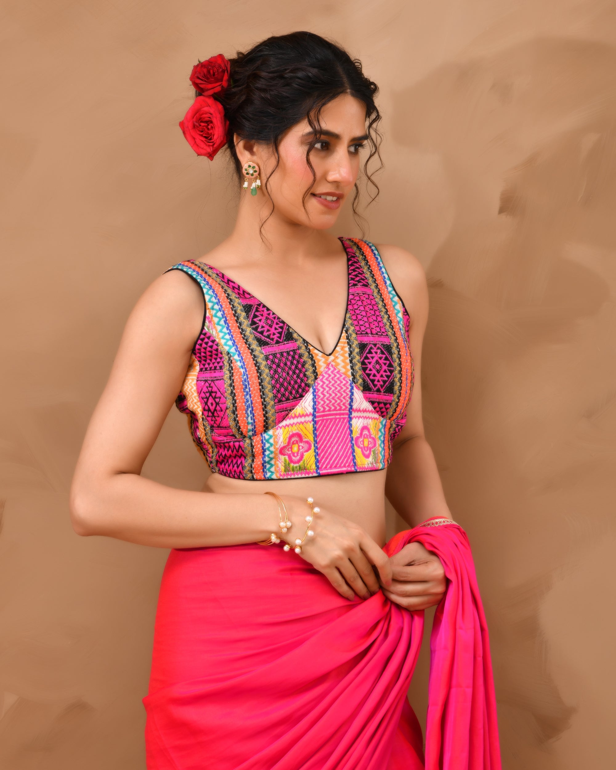 Black Multicoloured V Neck Jacquard Blouse