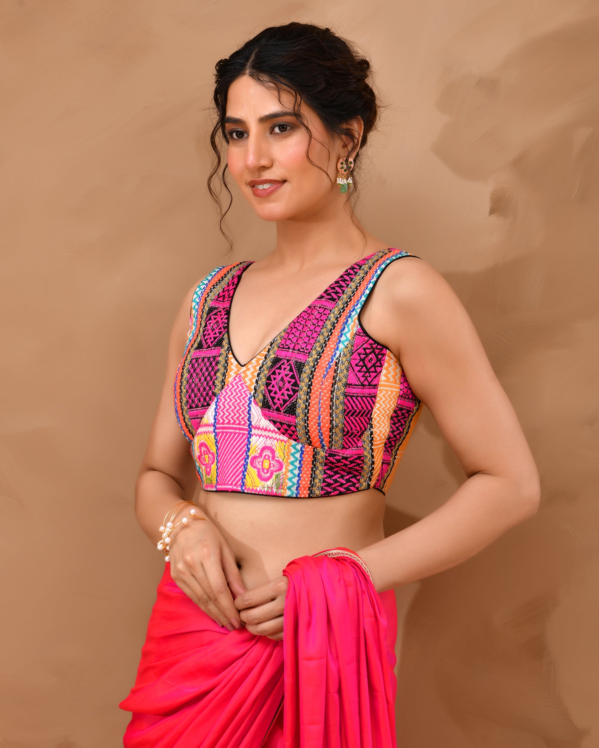 Black Multicoloured V Neck Jacquard Blouse