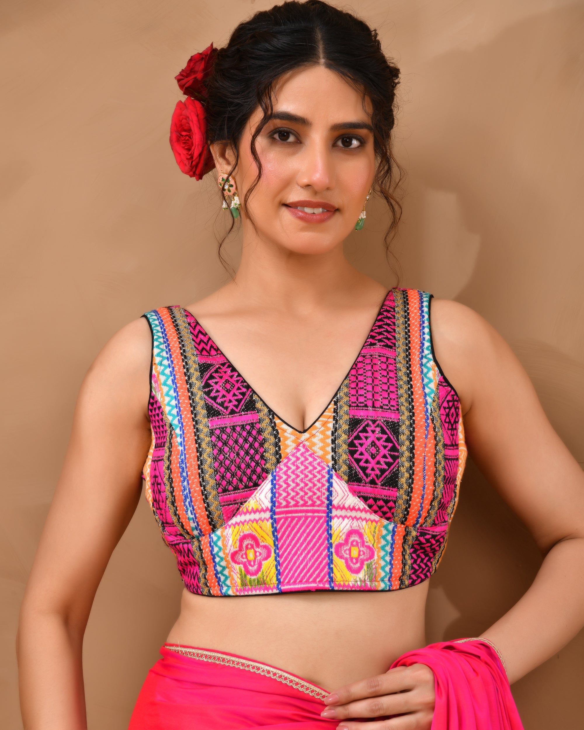 Black Multicoloured V Neck Jacquard Blouse