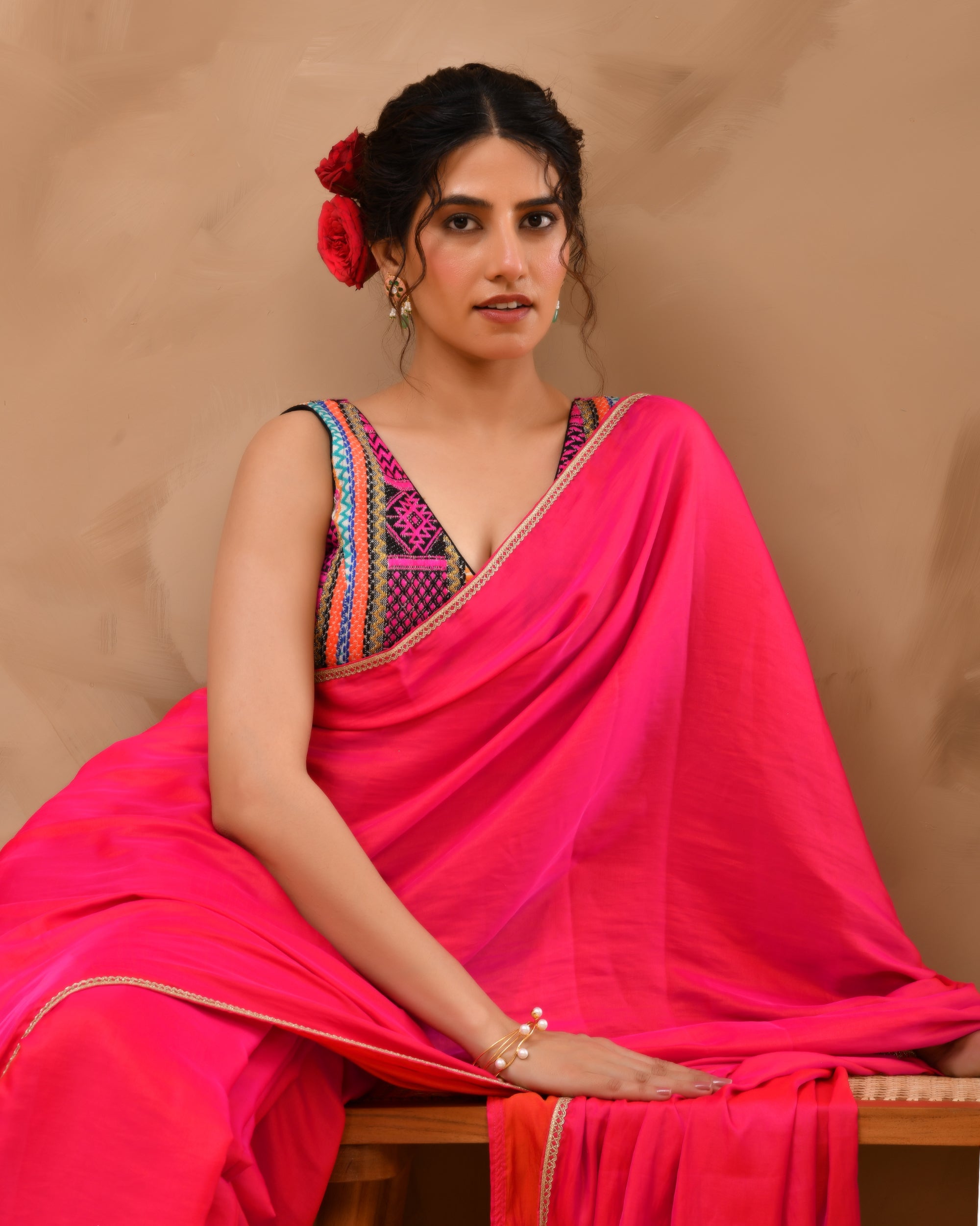 Black Multicoloured V Neck Jacquard Blouse