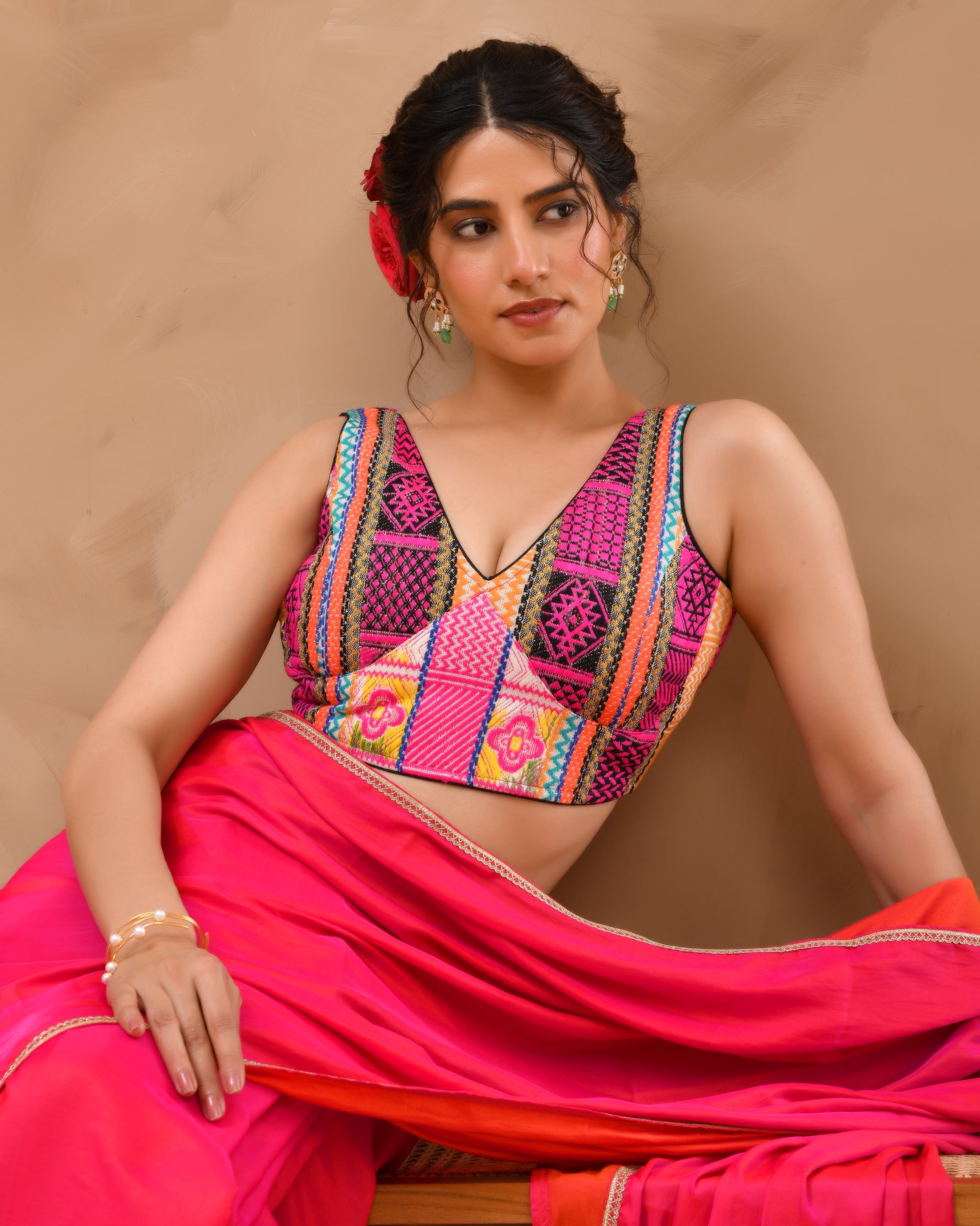 Black Multicoloured V Neck Jacquard Blouse