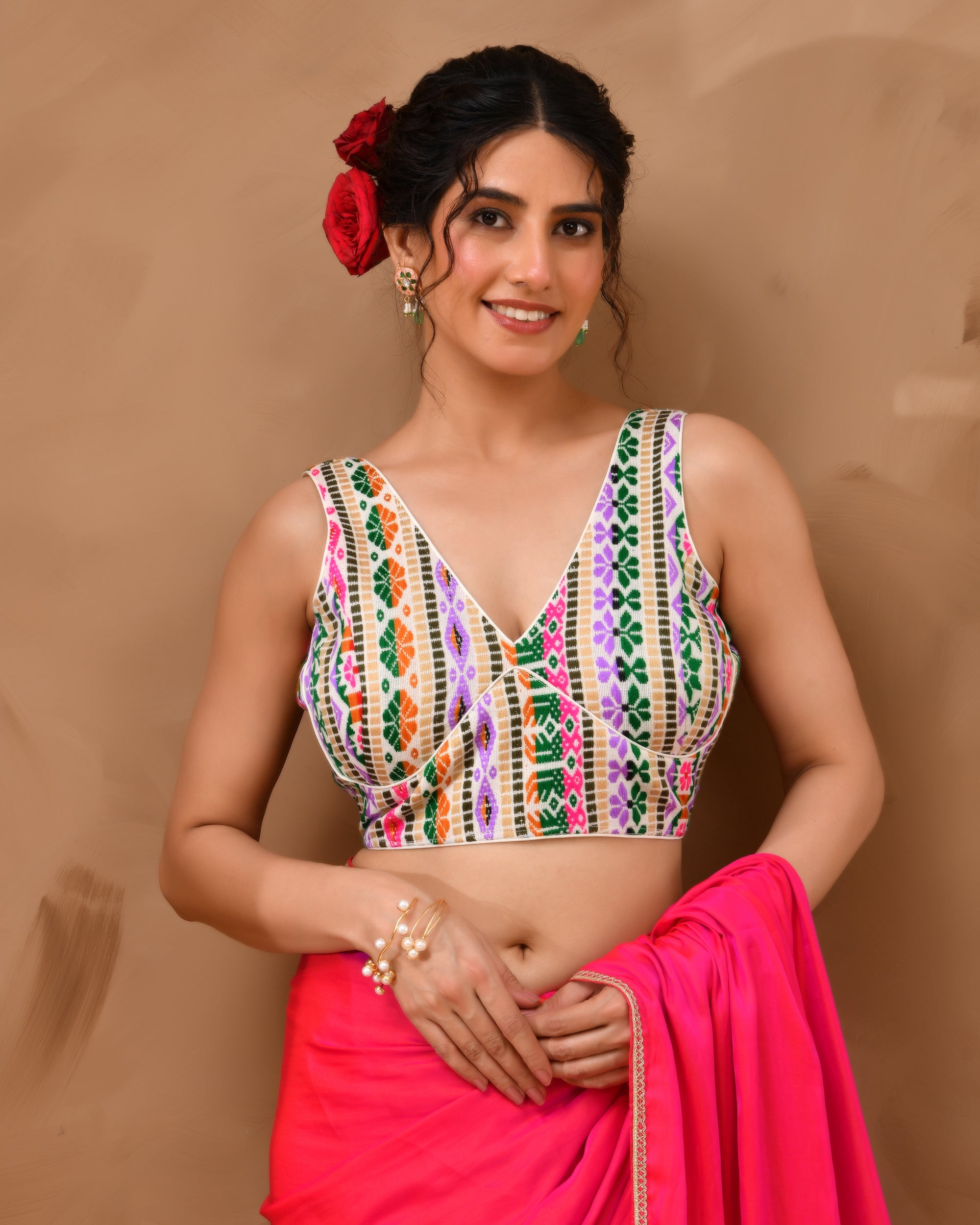 White Multicoloured V Neck Jacquard Blouse