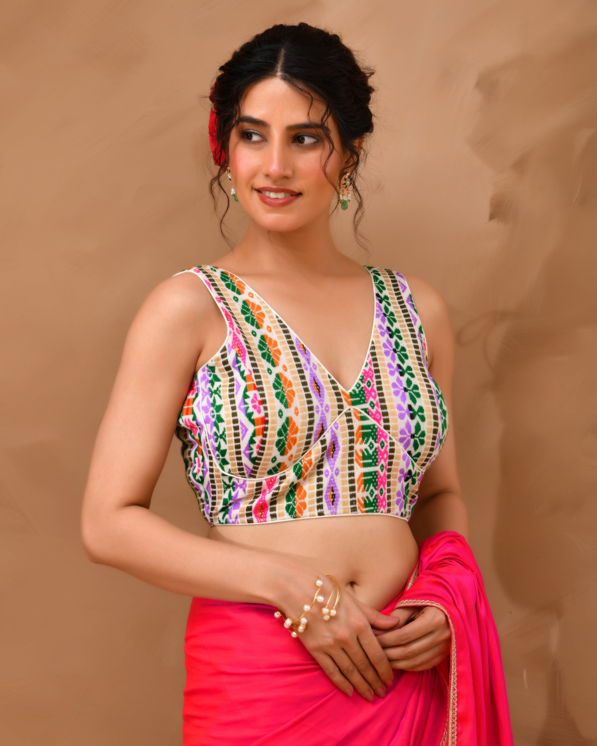 White Multicoloured V Neck Jacquard Blouse