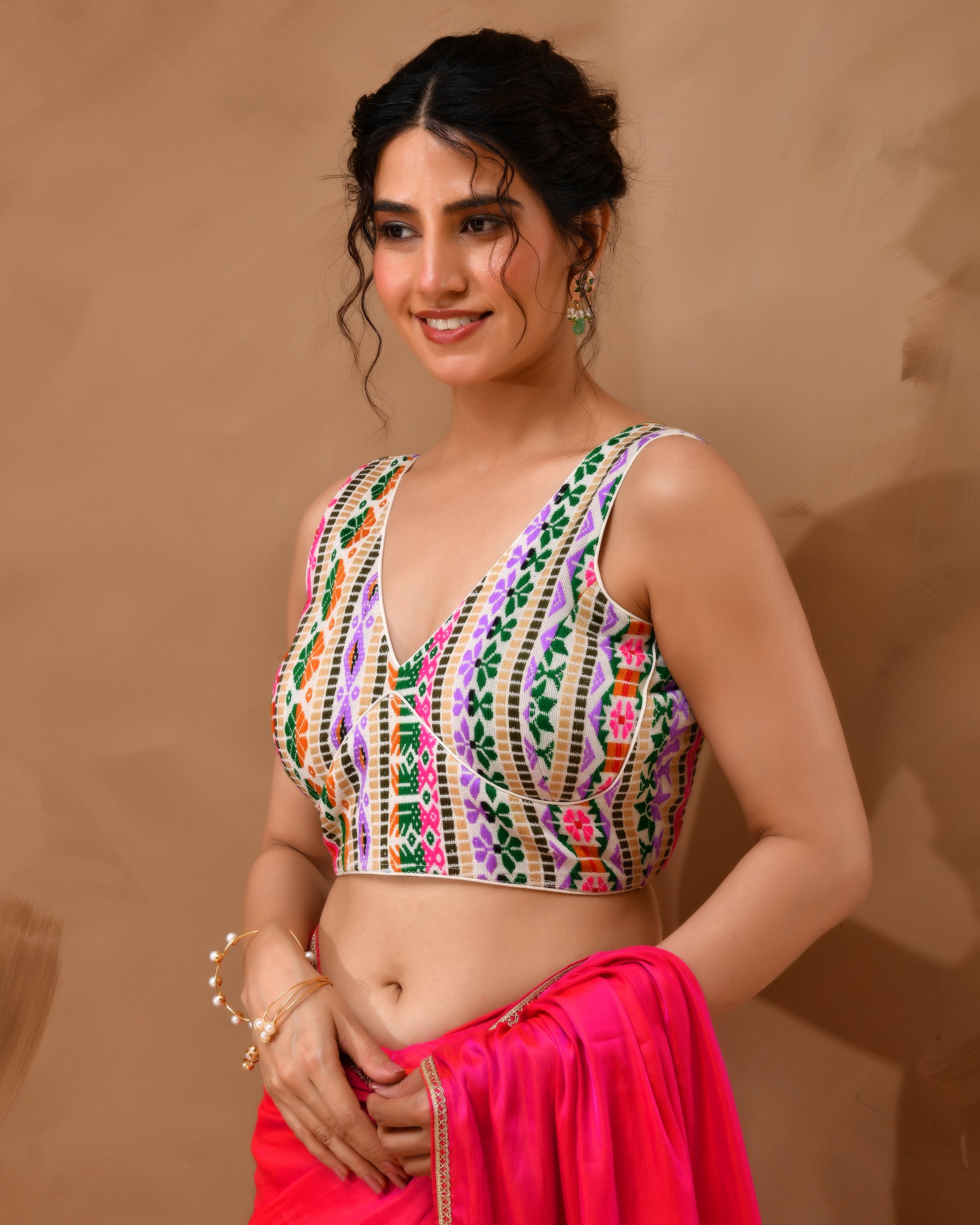 White Multicoloured V Neck Jacquard Blouse