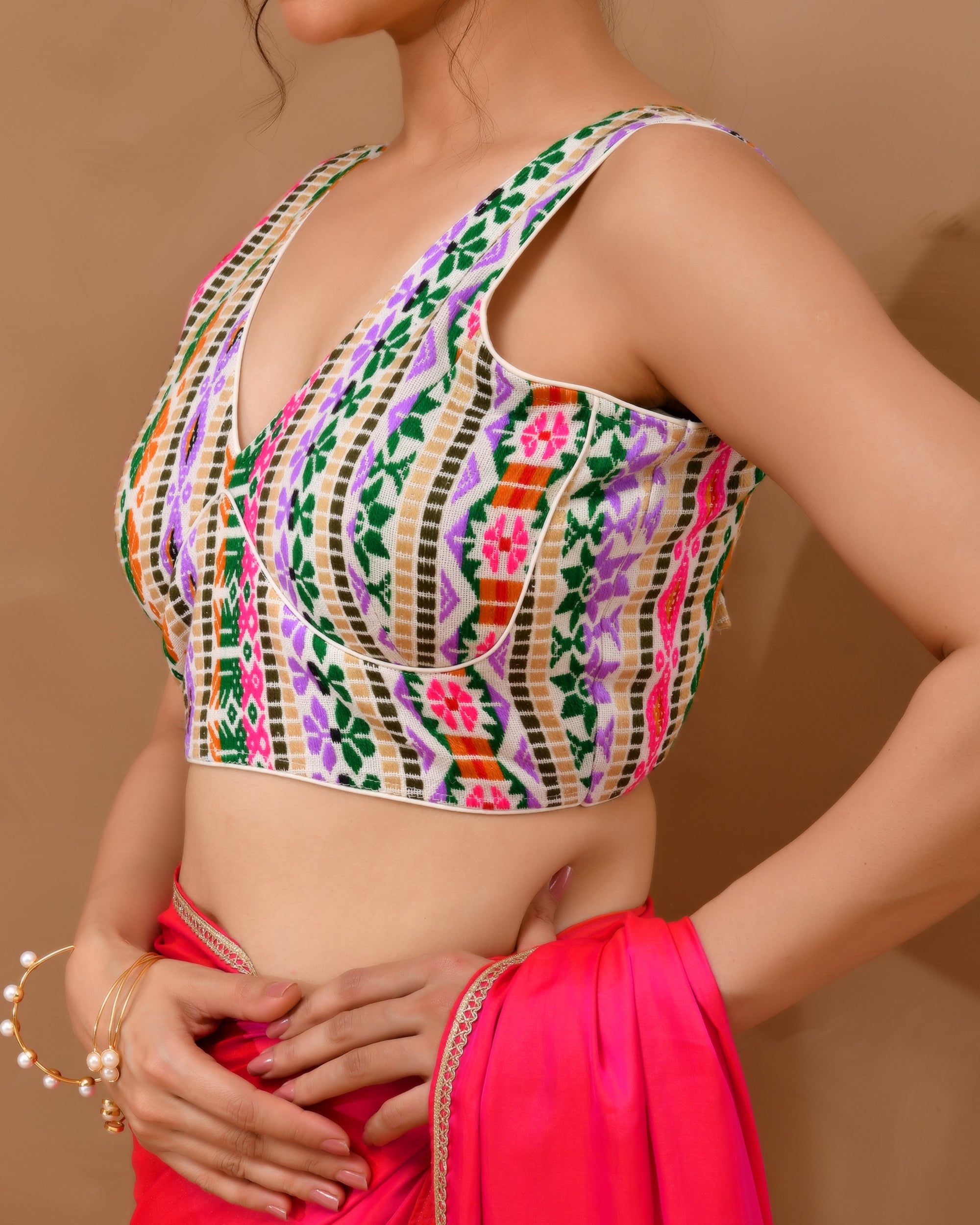 White Multicoloured V Neck Jacquard Blouse