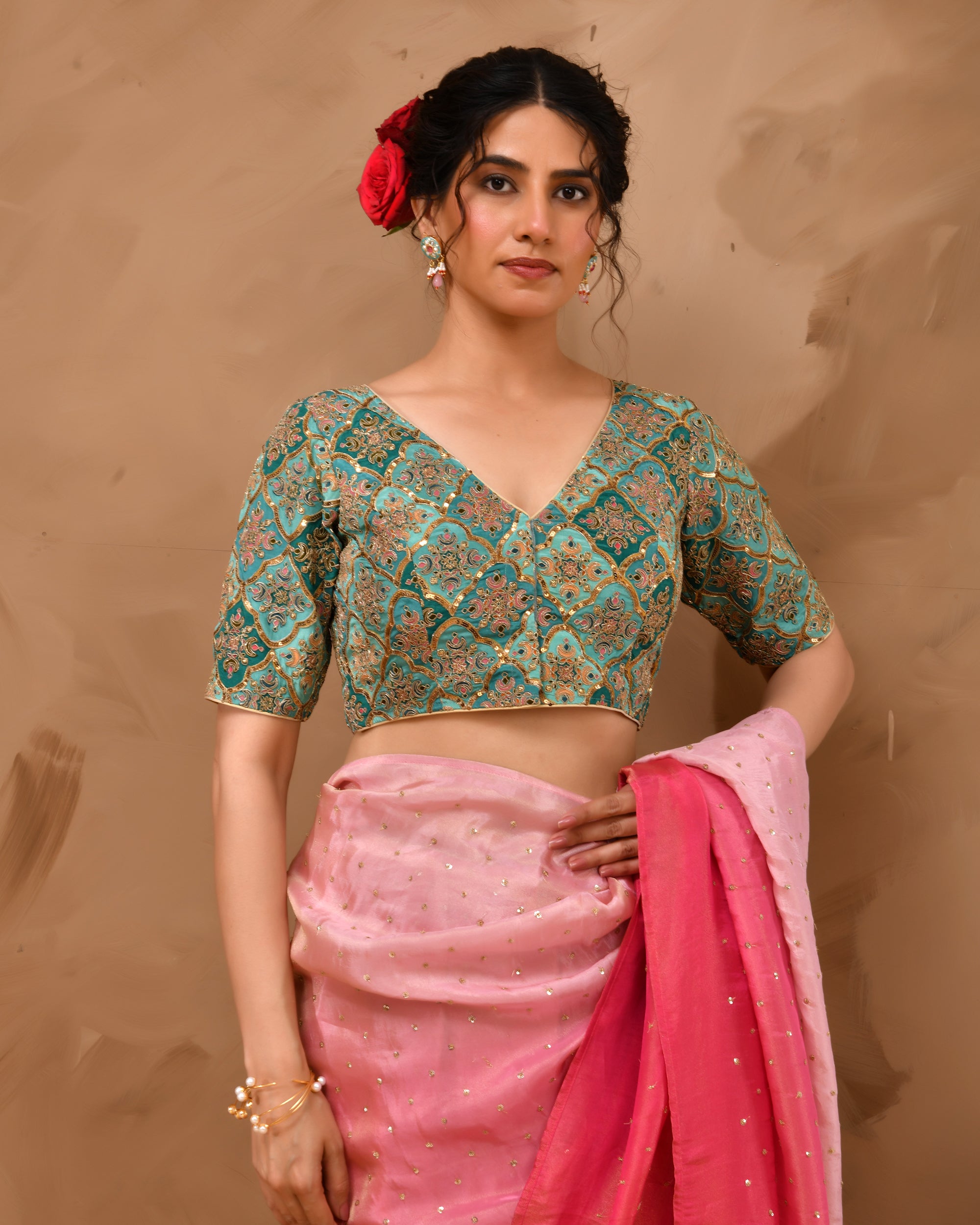 Aqua Geometric Pattern Embroidered Blouse