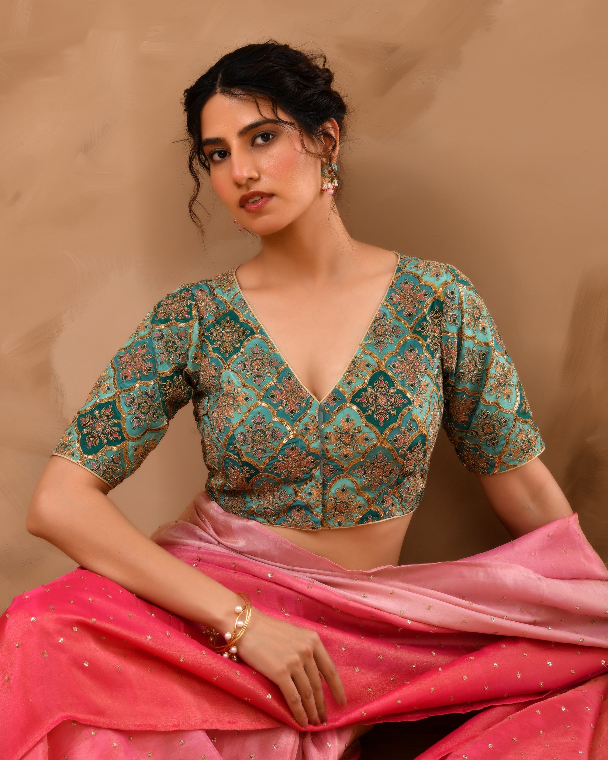 Aqua Geometric Pattern Embroidered Blouse