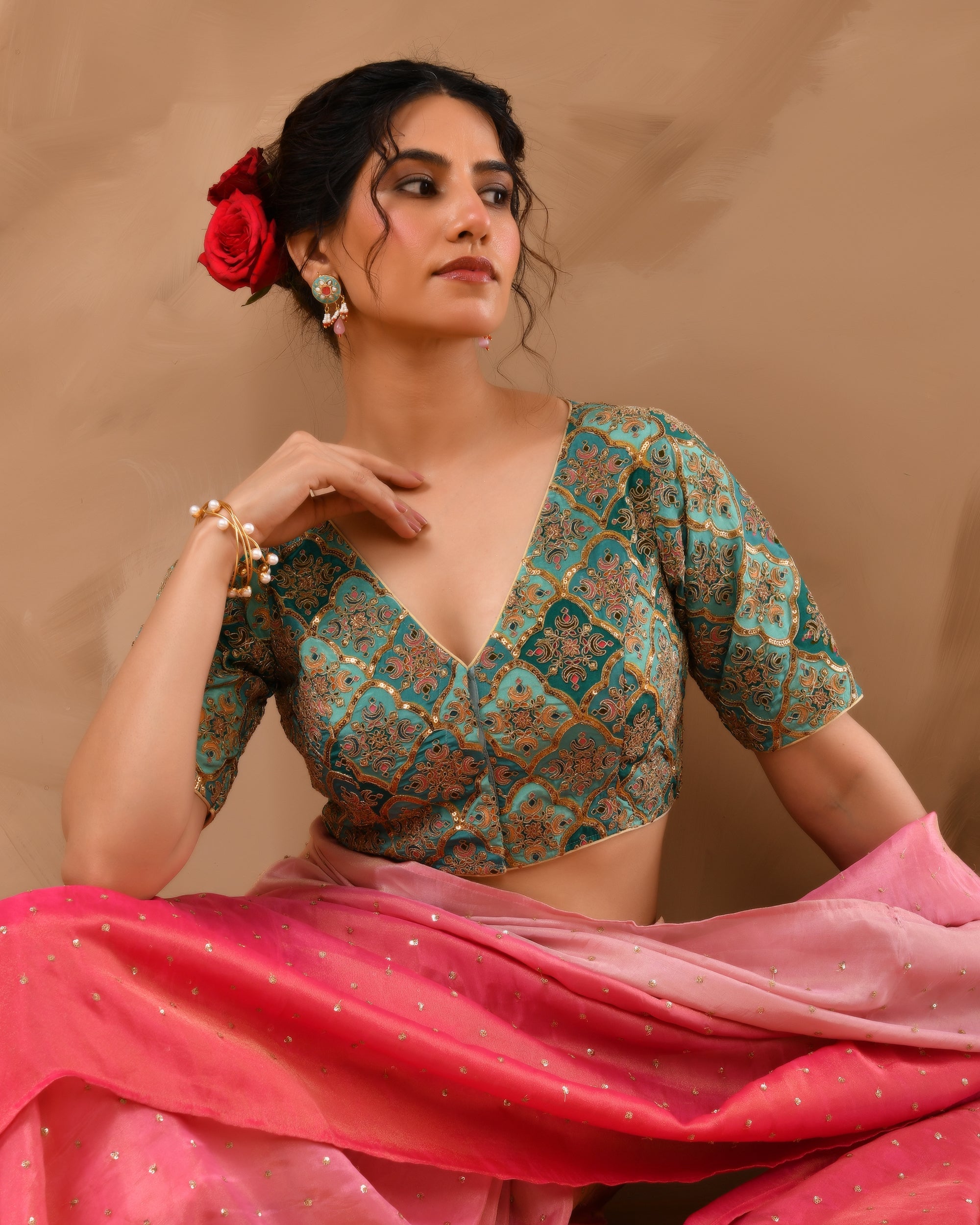 Aqua Geometric Pattern Embroidered Blouse