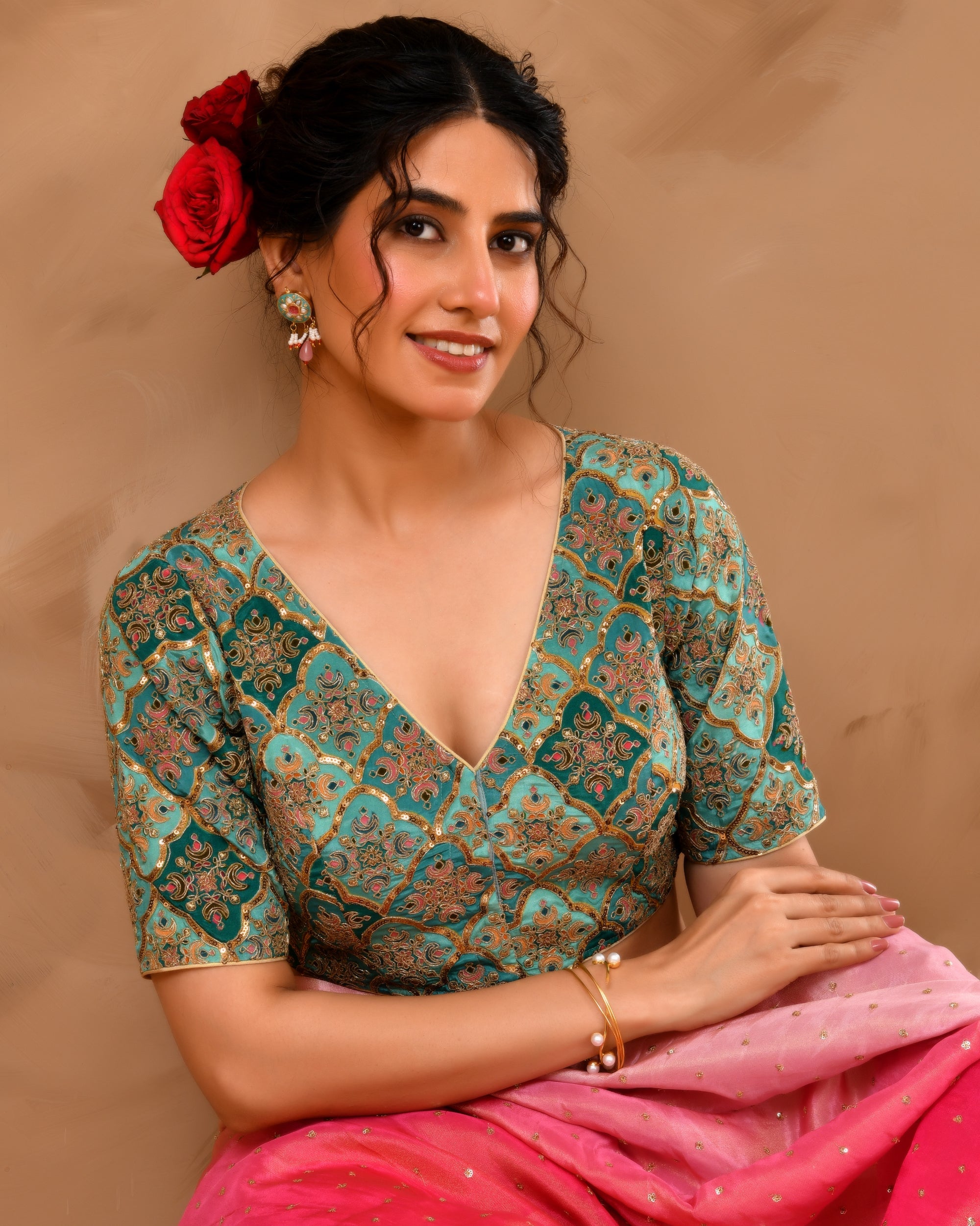 Aqua Geometric Pattern Embroidered Blouse