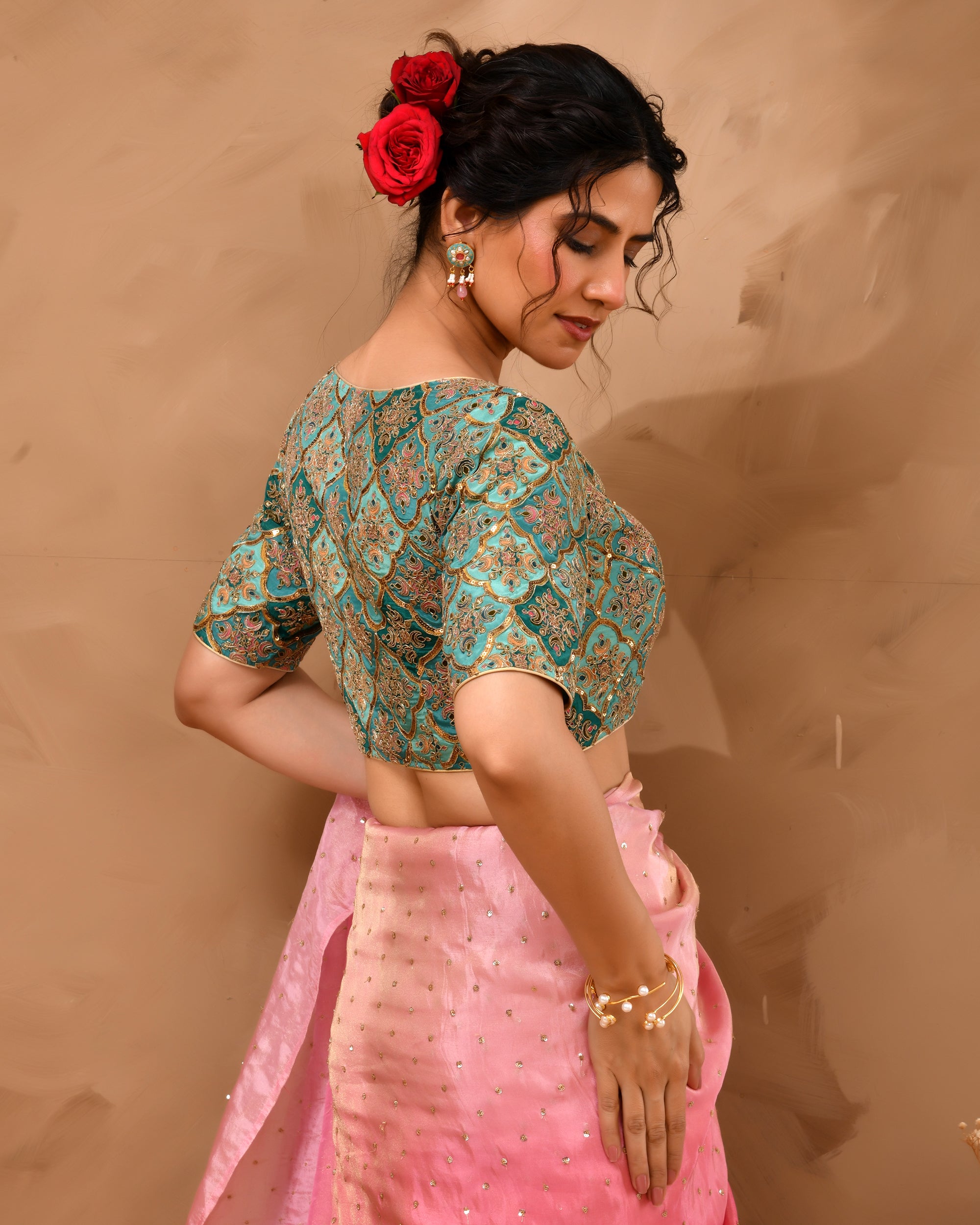 Aqua Geometric Pattern Embroidered Blouse