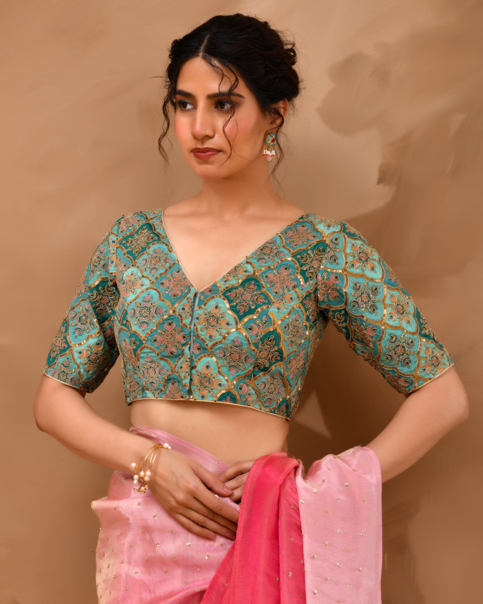 Aqua Geometric Pattern Embroidered Blouse