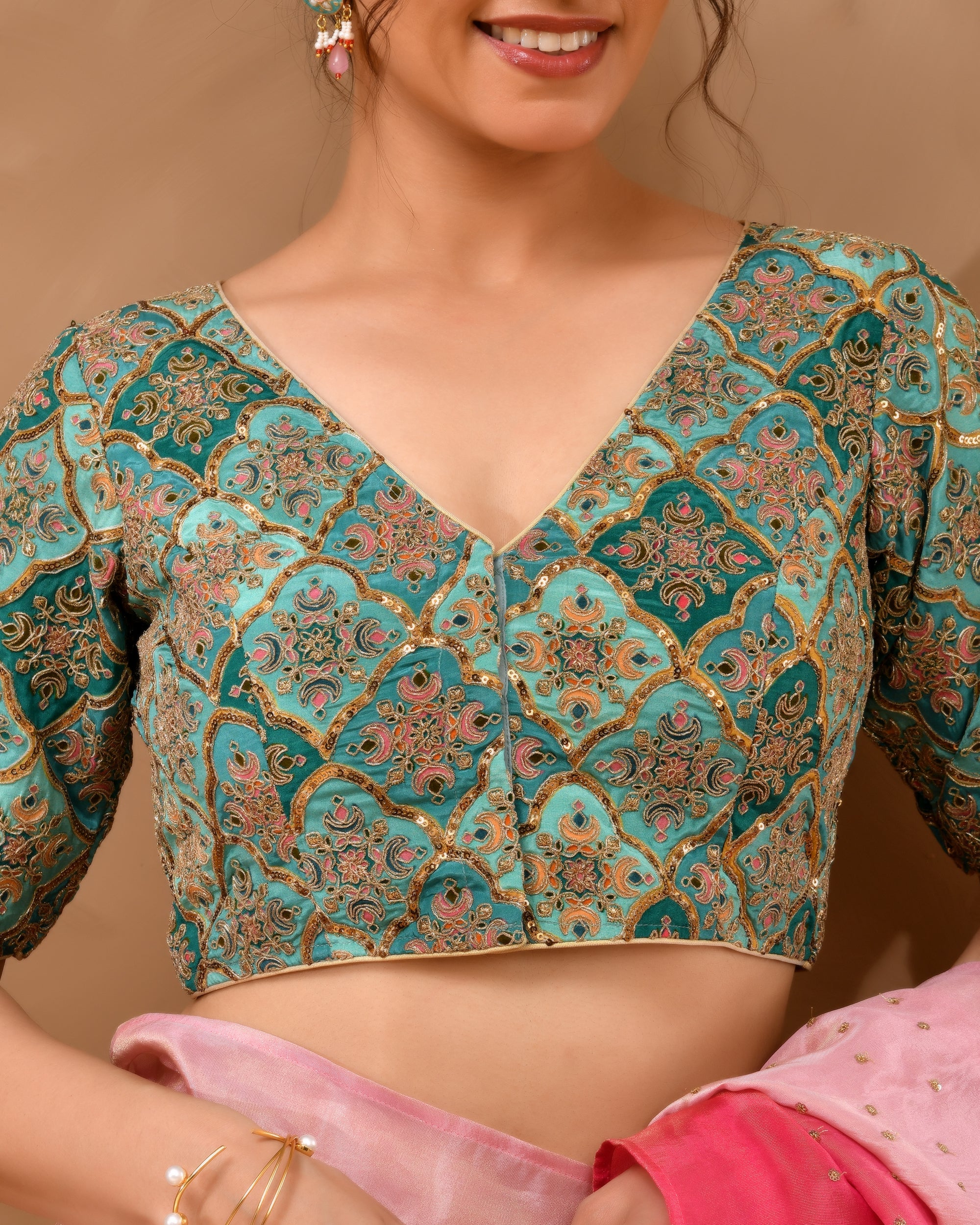Aqua Geometric Pattern Embroidered Blouse