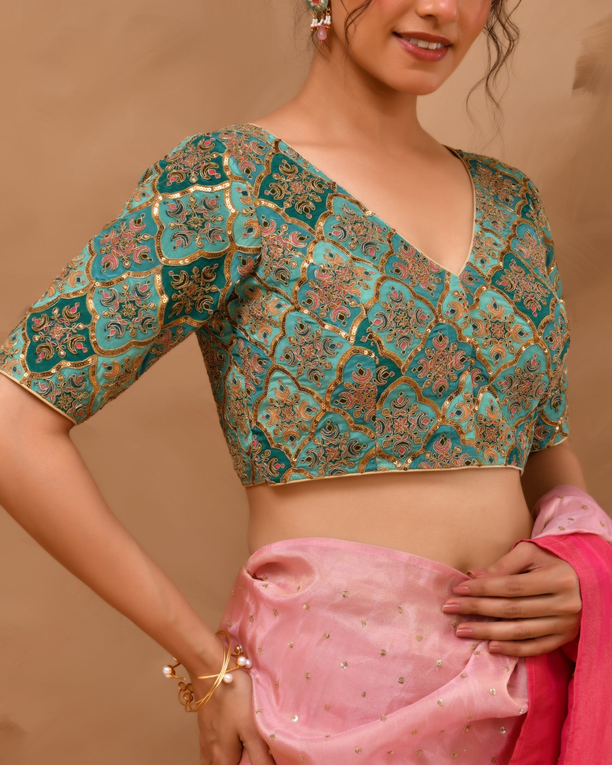 Aqua Geometric Pattern Embroidered Blouse