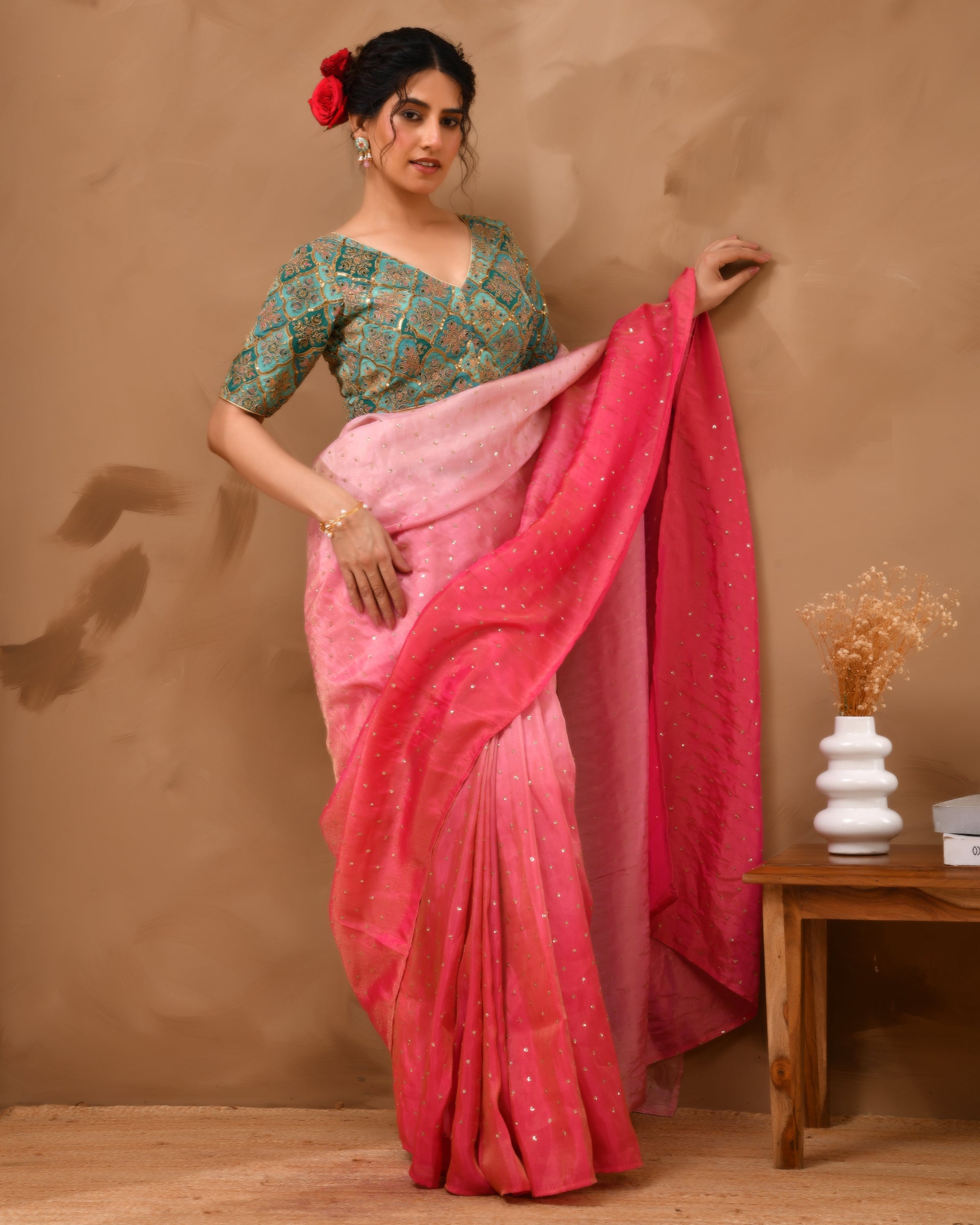 Aqua Geometric Pattern Embroidered Blouse