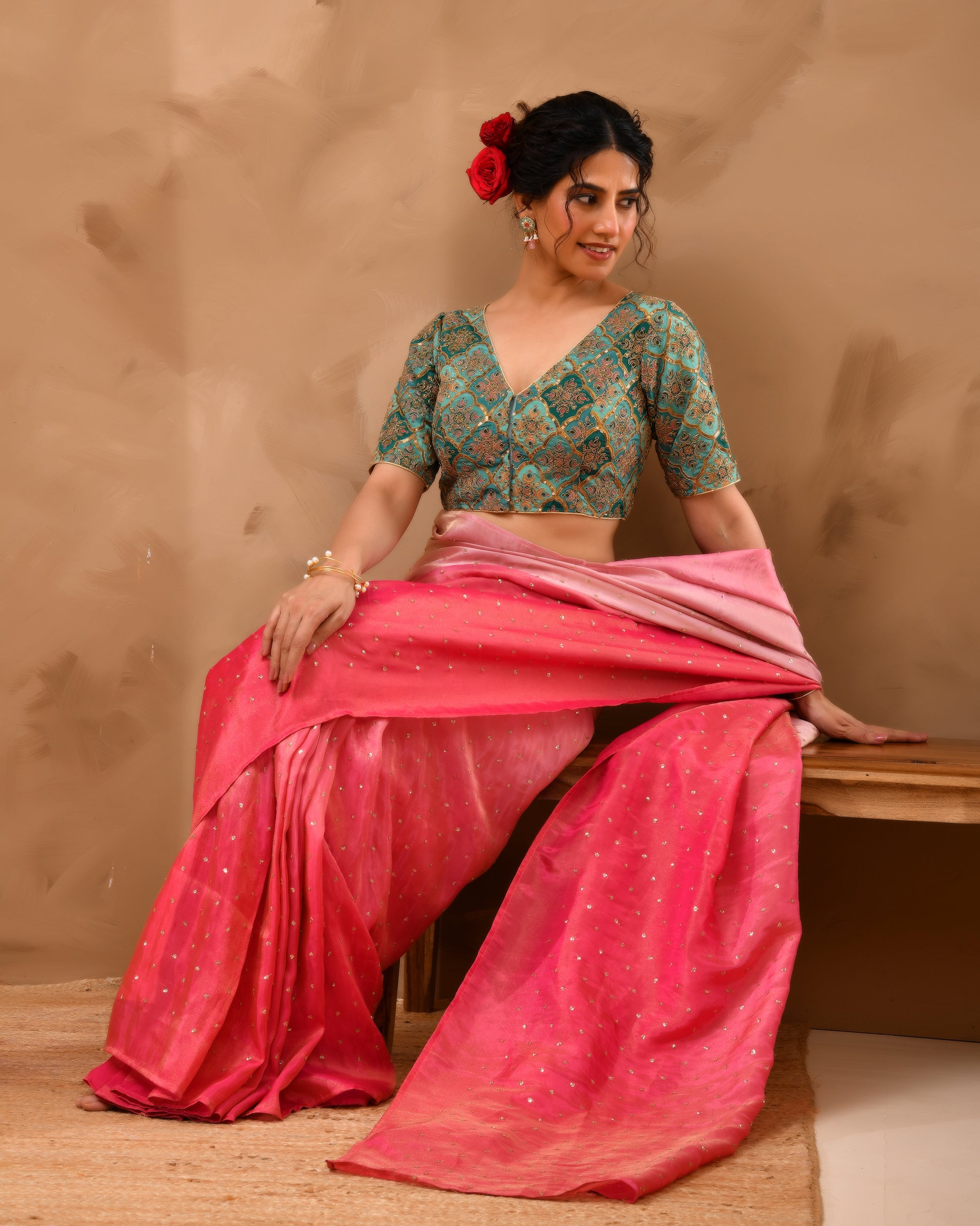 Aqua Geometric Pattern Embroidered Blouse