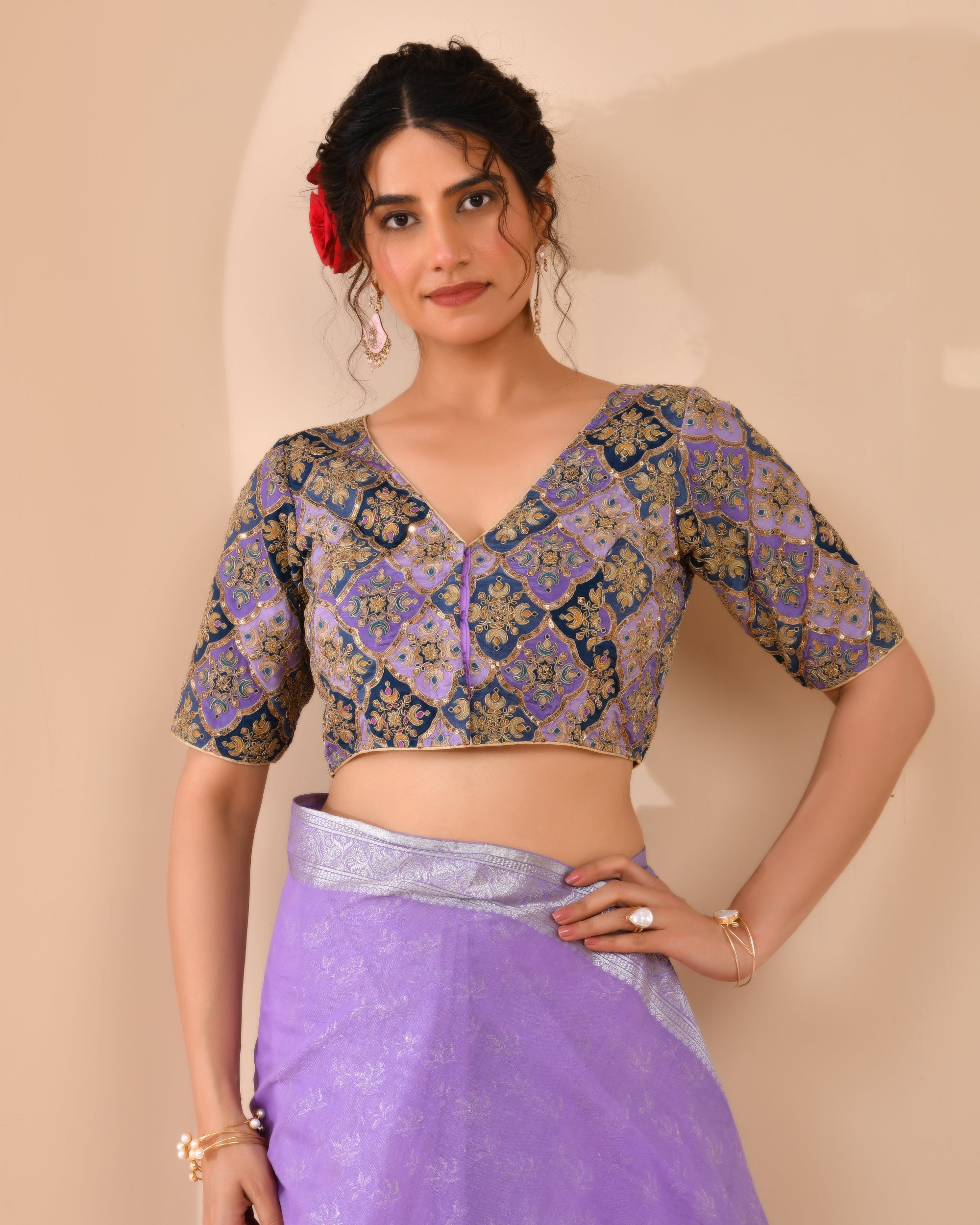 Purple Geometric Pattern Embroidered Blouse