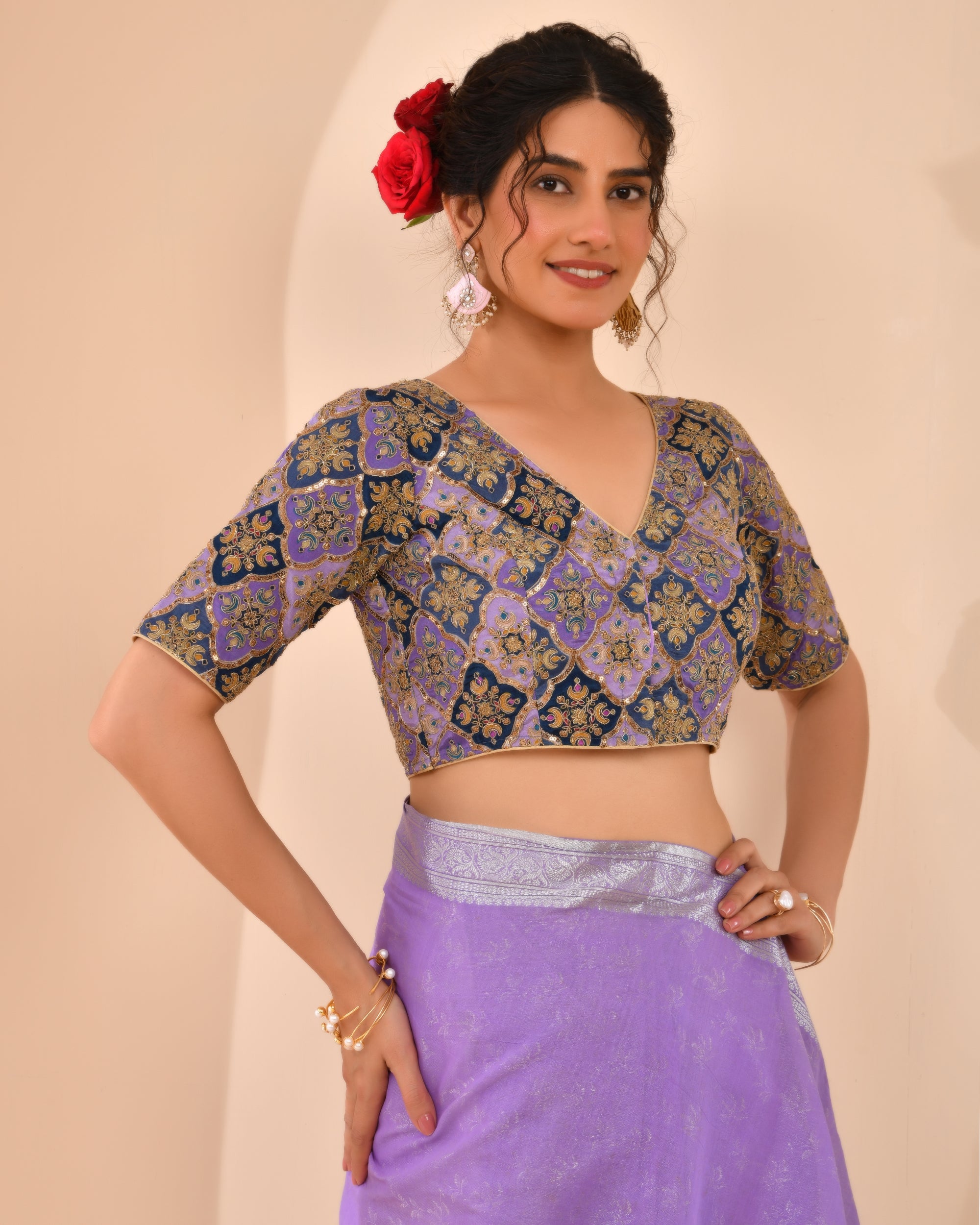 Purple Geometric Pattern Embroidered Blouse