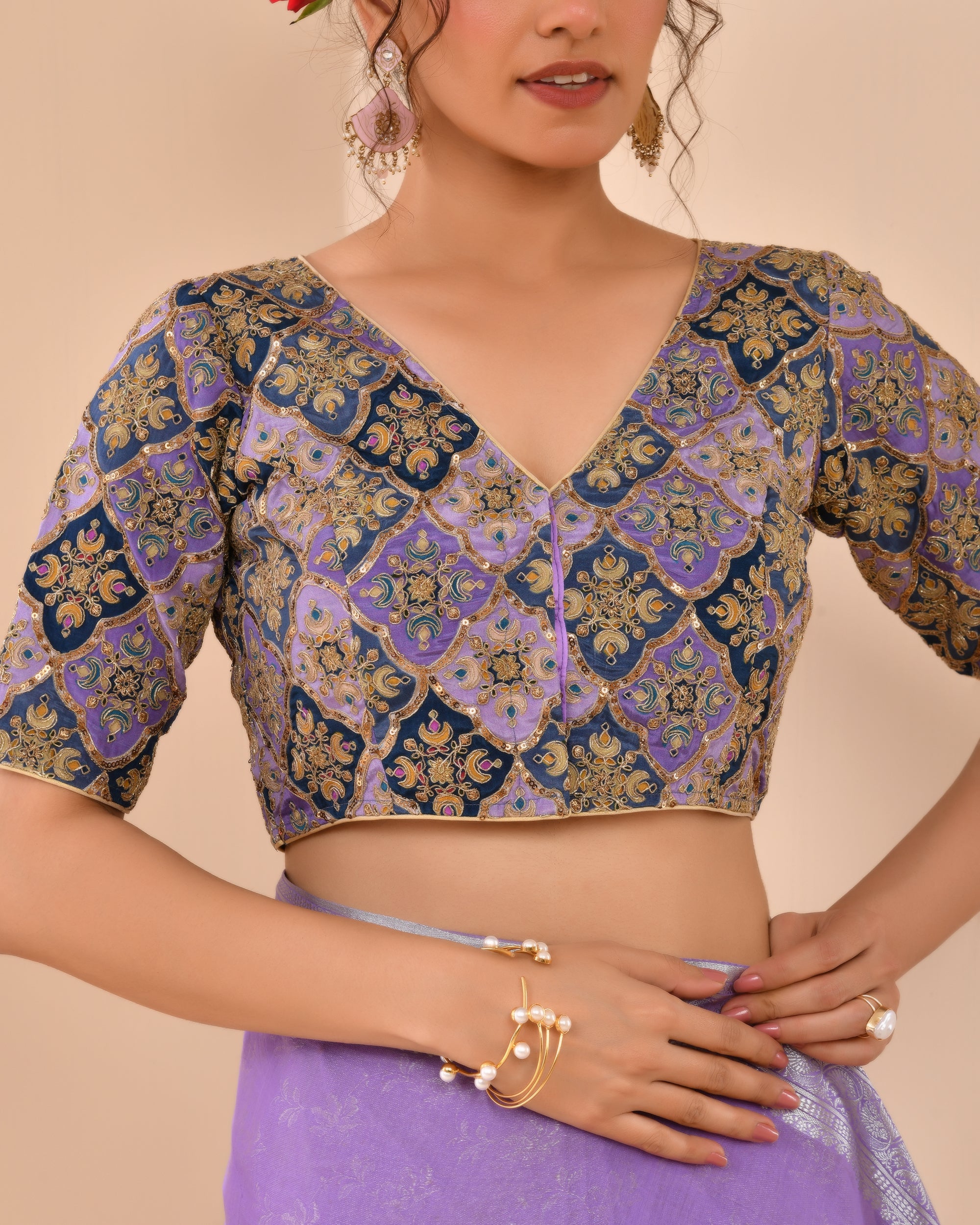 Purple Geometric Pattern Embroidered Blouse