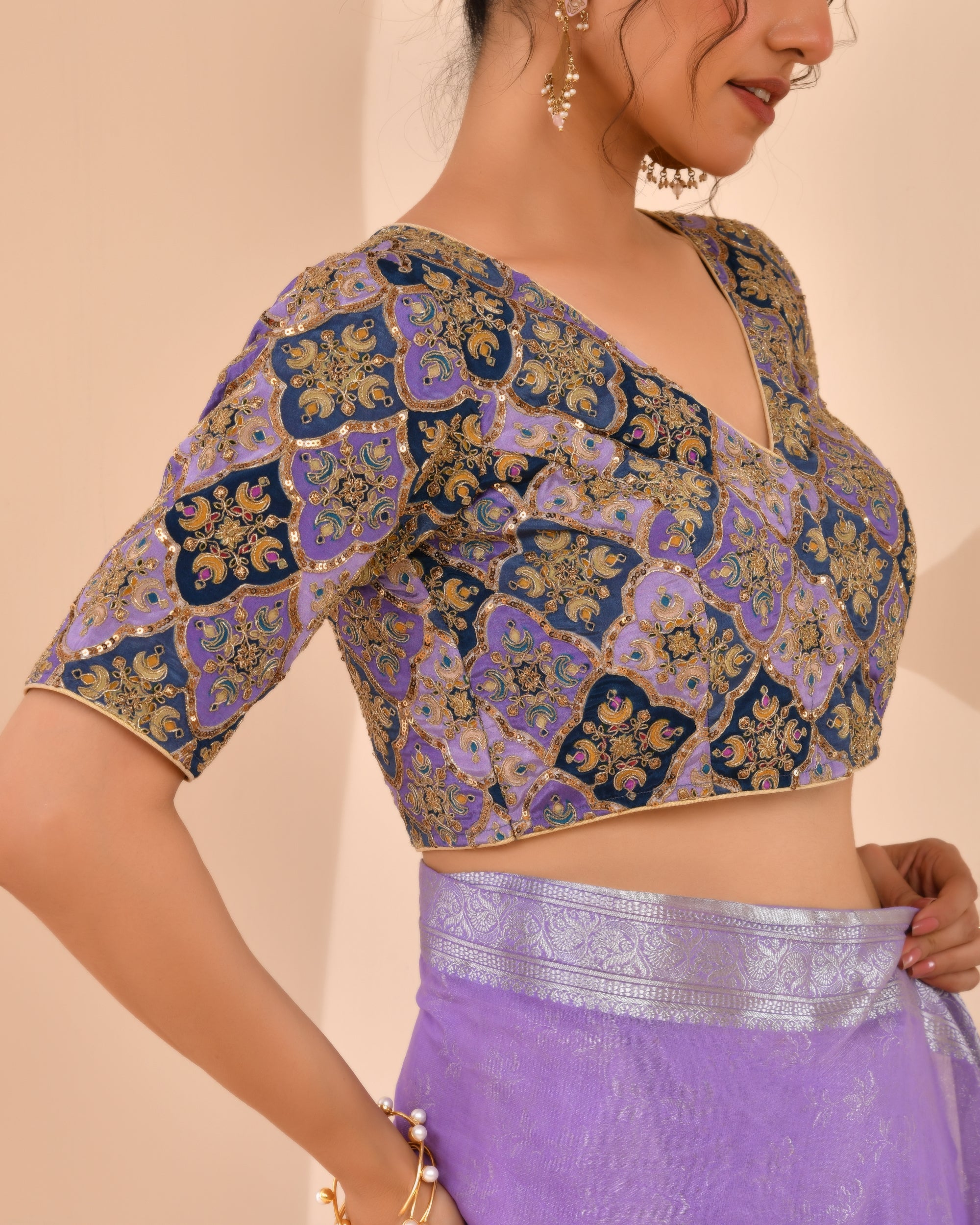 Purple Geometric Pattern Embroidered Blouse
