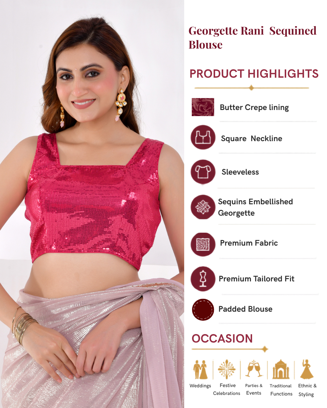 Amodini Designer Studio Women's  Georgette Rani Sequined Blouse