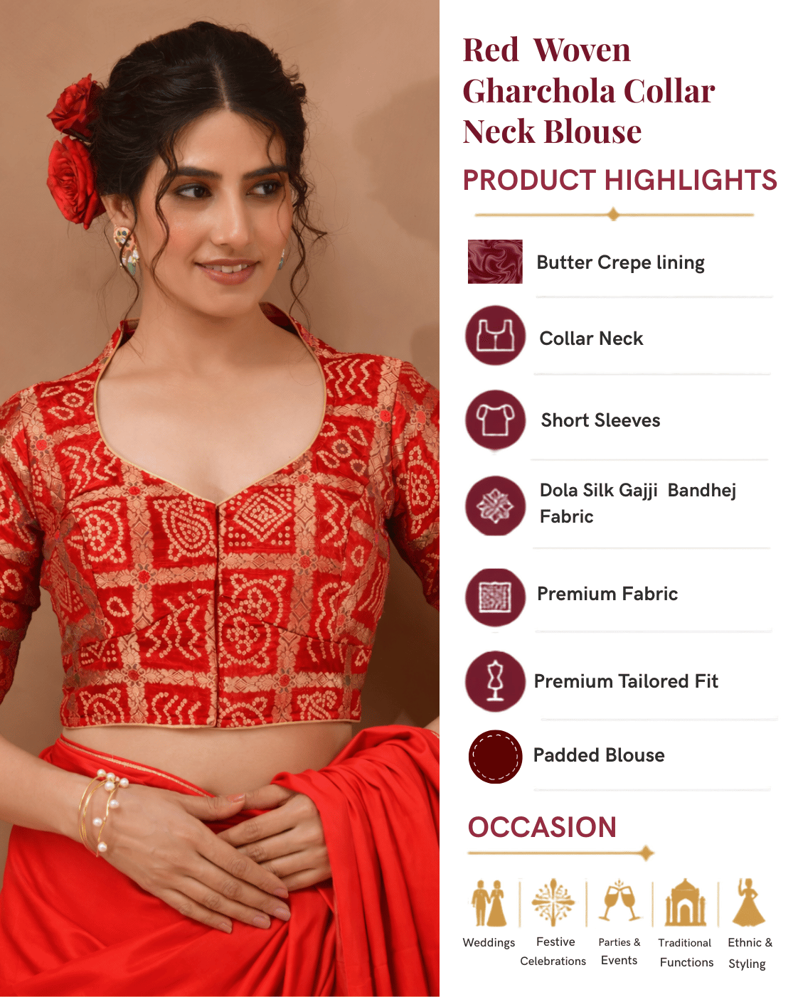 Red  Woven Gharchola collar neck blouse