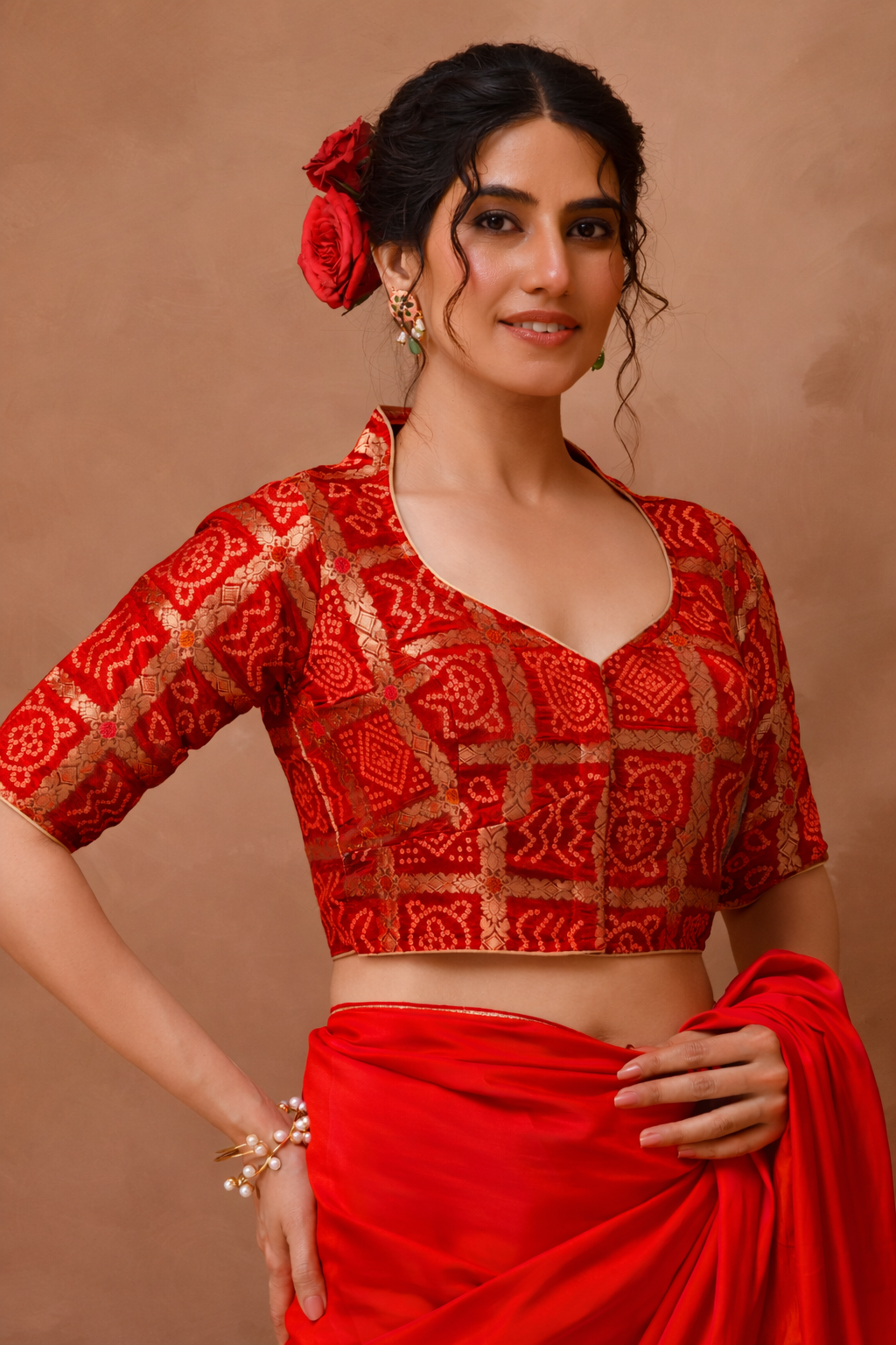 Red  Woven Gharchola collar neck blouse