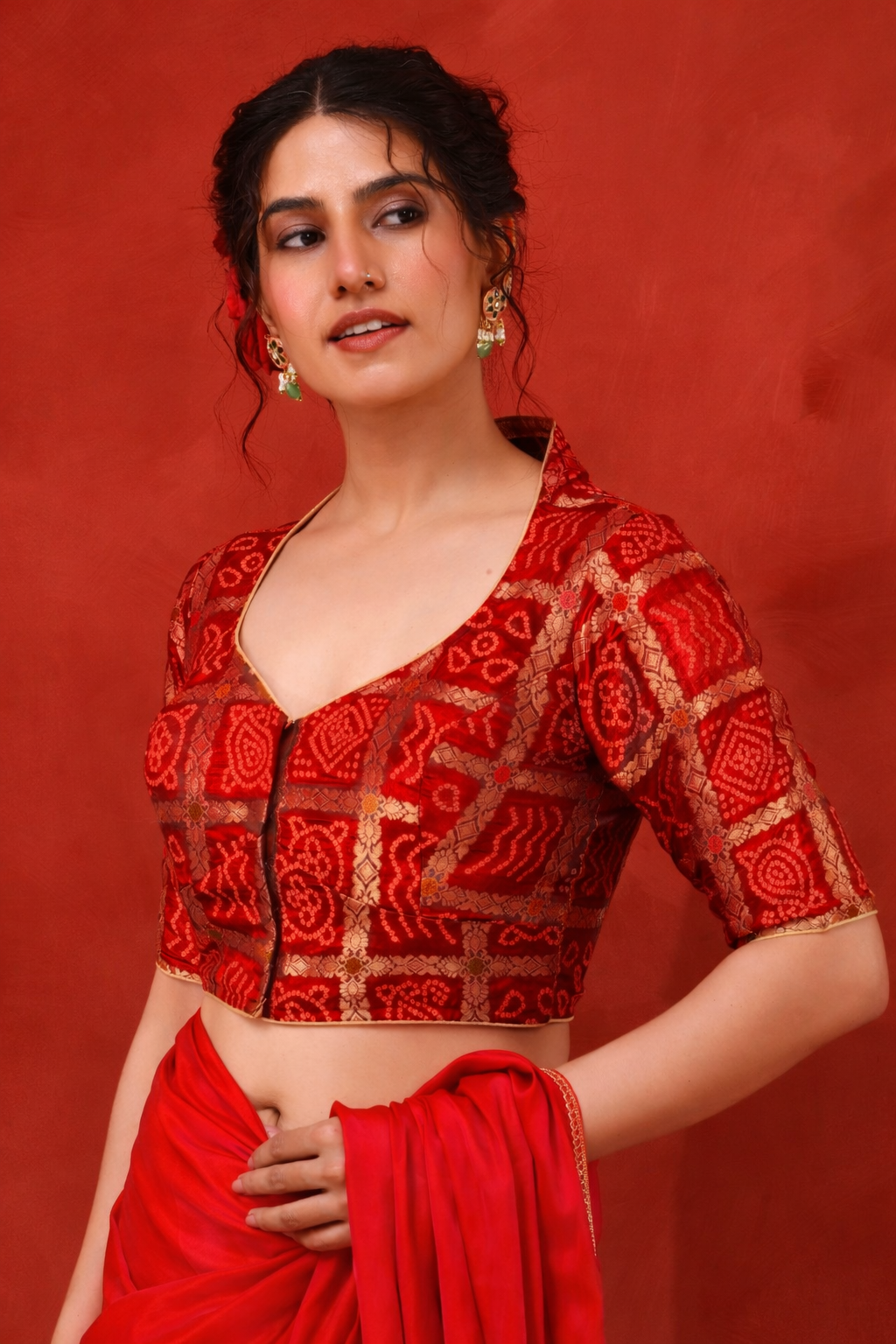 Red  Woven Gharchola collar neck blouse
