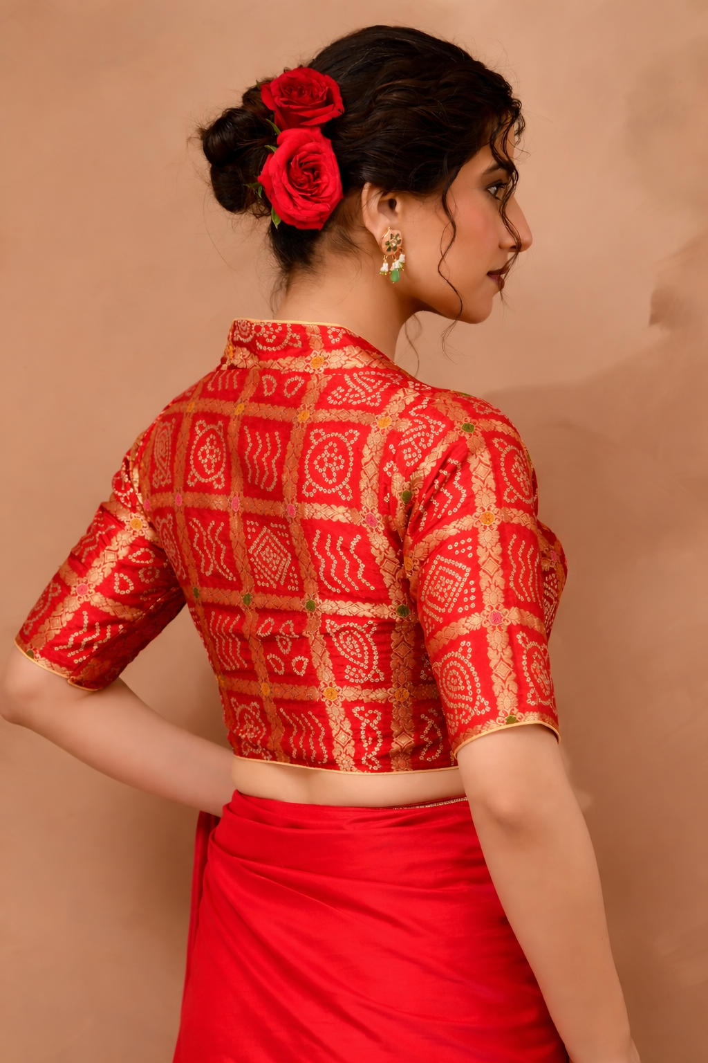 Red  Woven Gharchola collar neck blouse